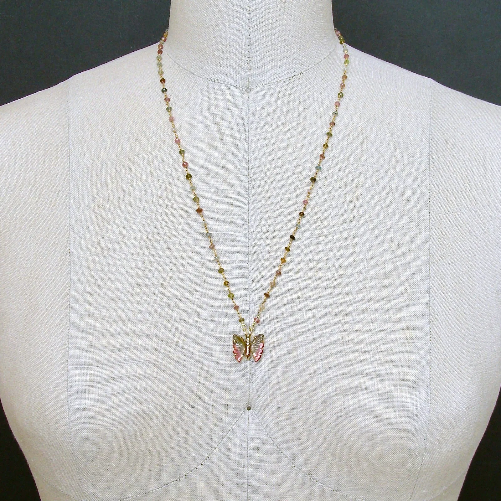 18K Gold Pink Green Watermelon Tourmaline Butterfly Necklace - Le Papillon IX Necklace