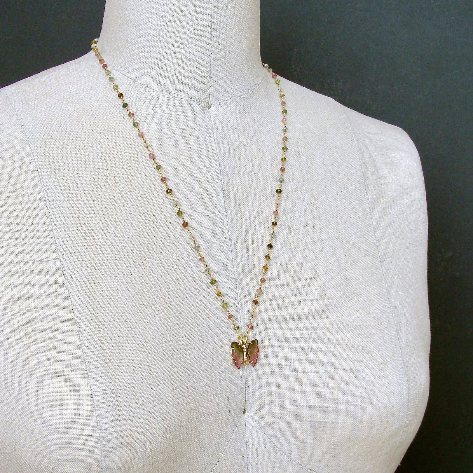 18K Gold Pink Green Watermelon Tourmaline Butterfly Necklace - Le Papillon IX Necklace