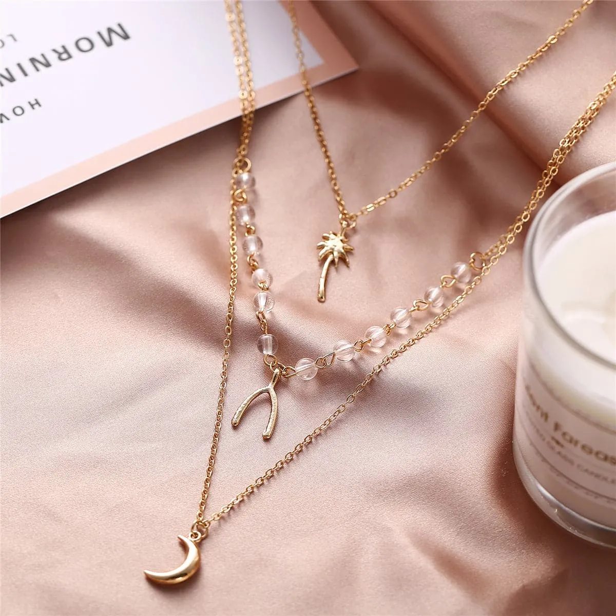 18K Gold Plated Antlers & Moon Layered Necklace
