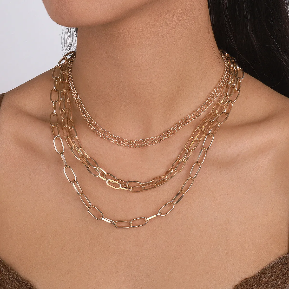 18K Gold-Plated Layered Curb Chain Necklace Set