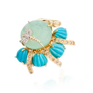 18K Gold Ring with Turquoise, Diamond & Peruvian Chalcedony