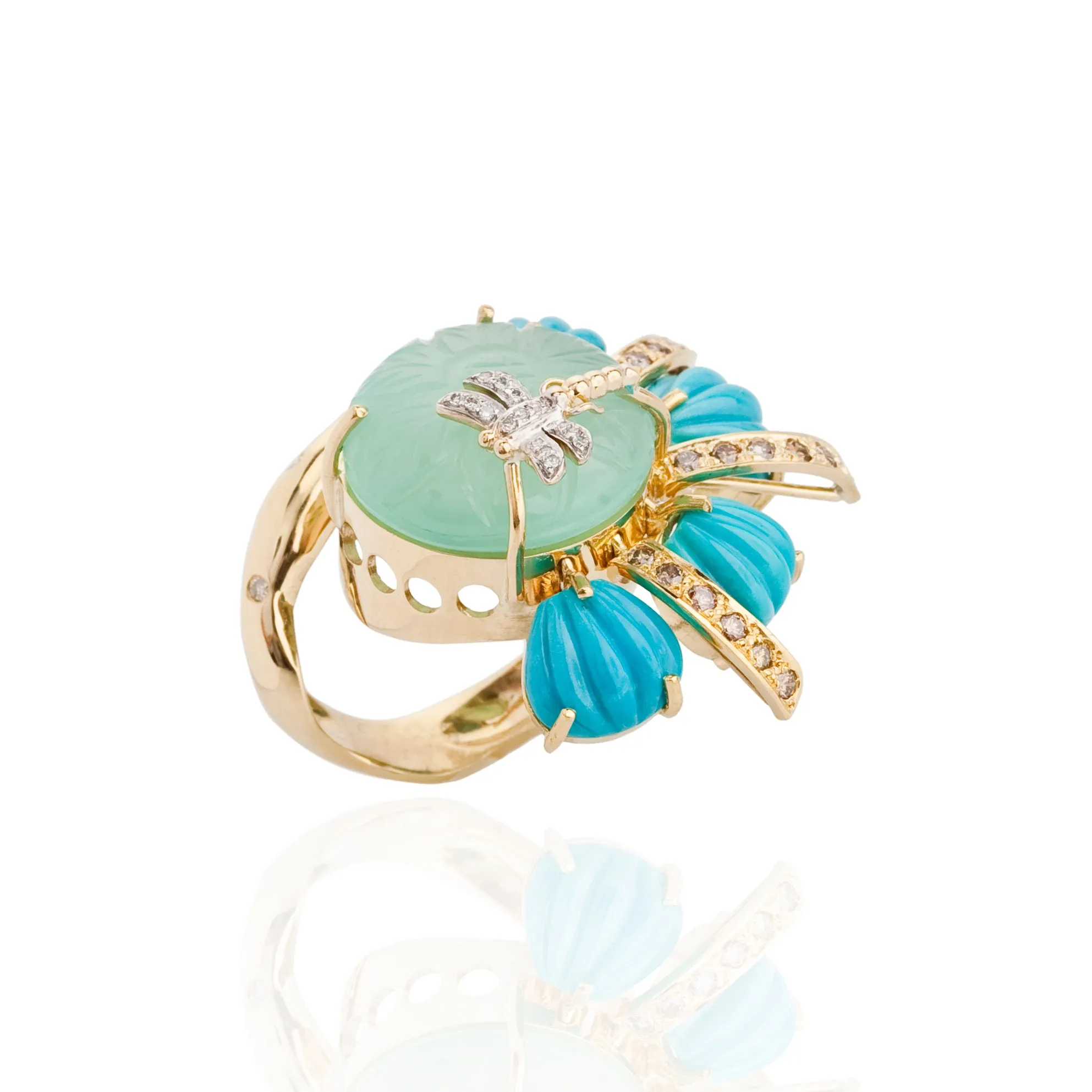 18K Gold Ring with Turquoise, Diamond & Peruvian Chalcedony