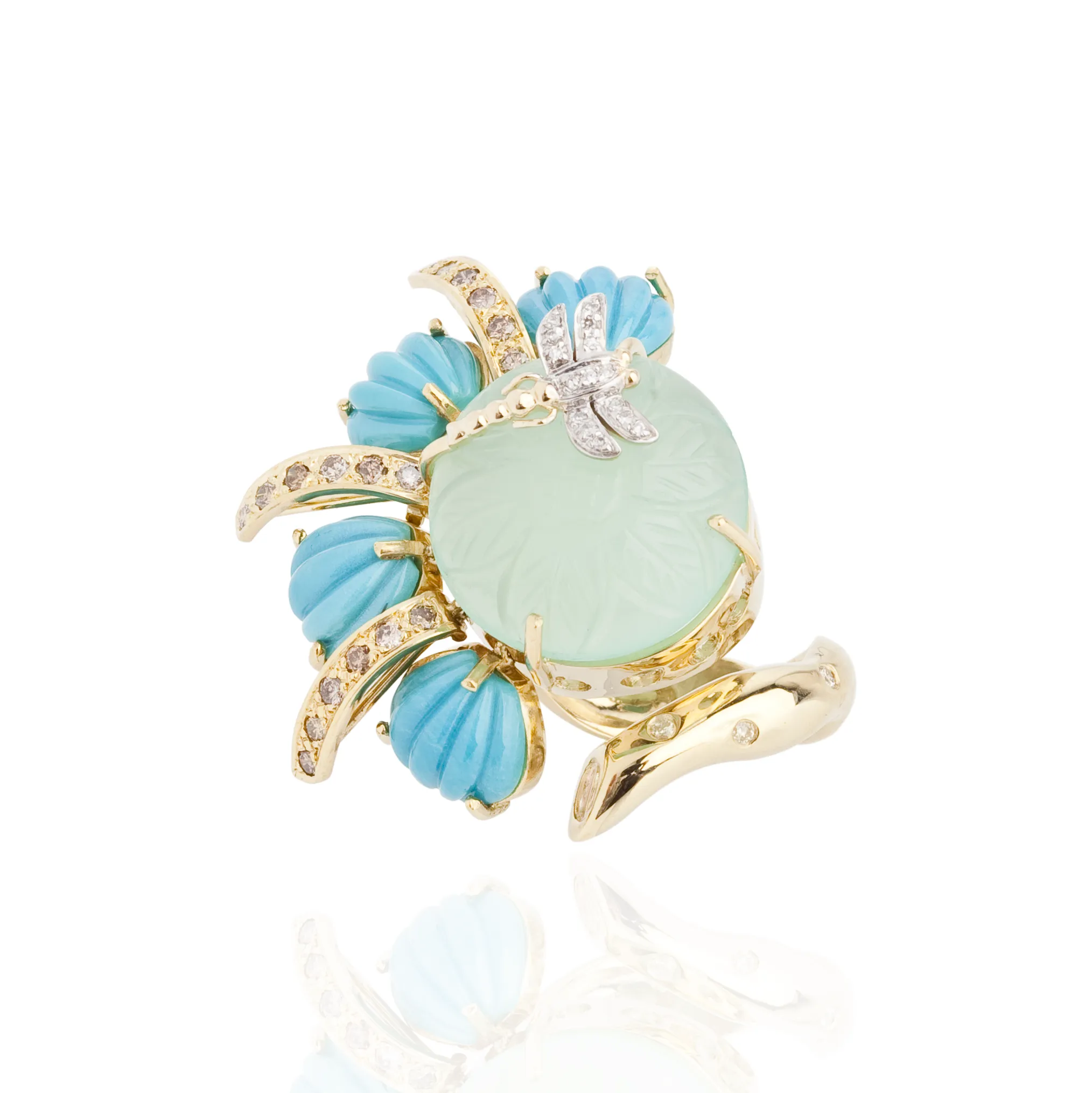 18K Gold Ring with Turquoise, Diamond & Peruvian Chalcedony