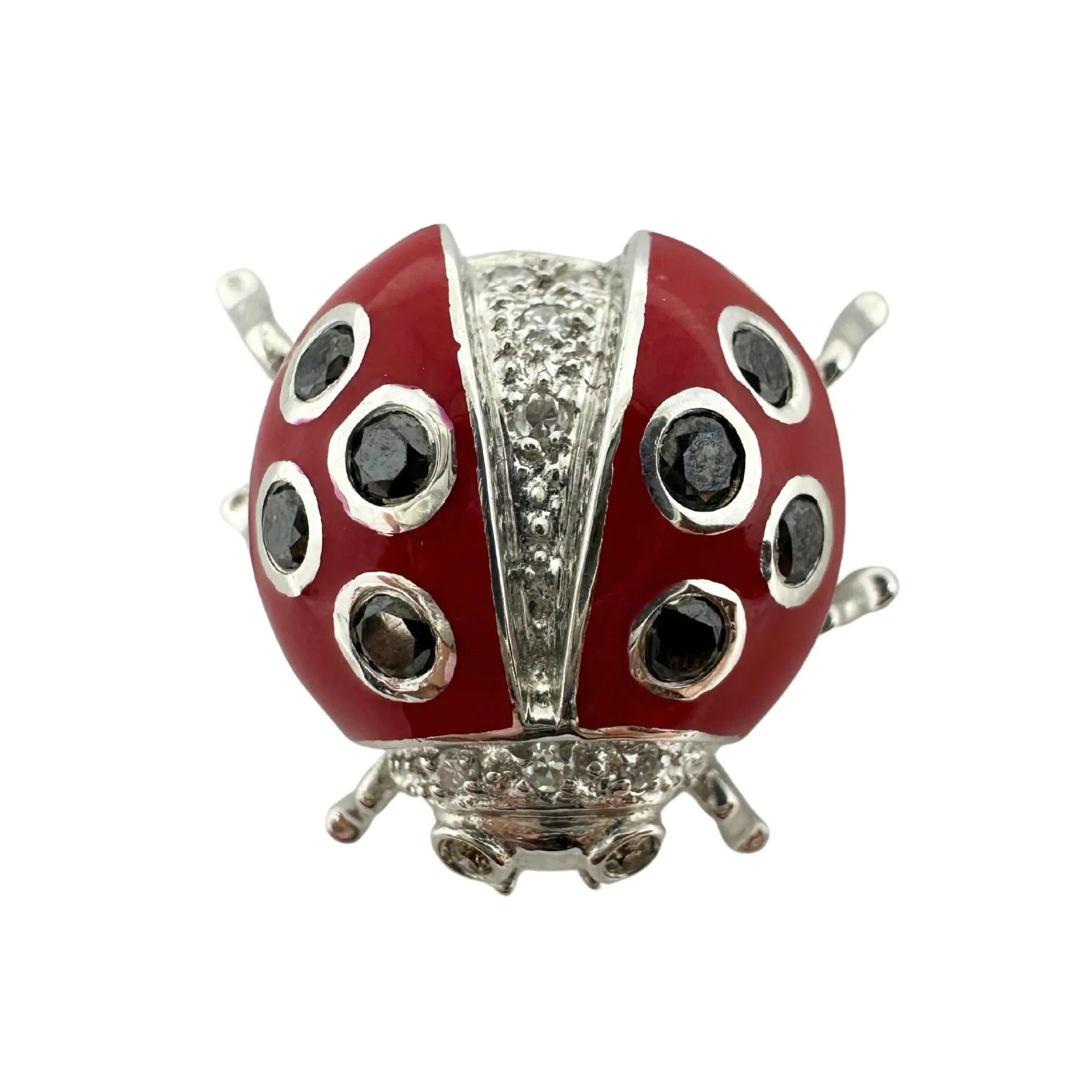 18K White Gold Black and White Diamond Red Lady Bug Brooch