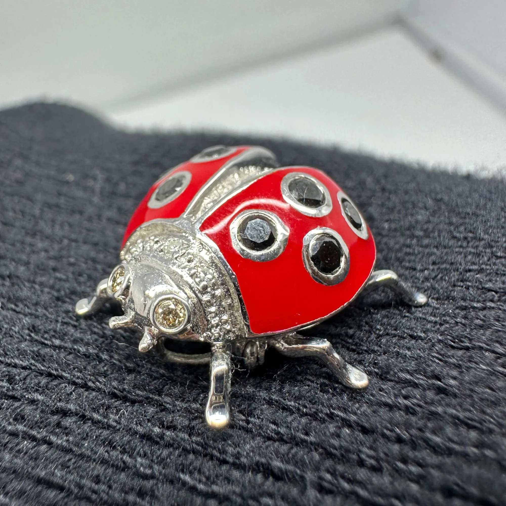 18K White Gold Black and White Diamond Red Lady Bug Brooch