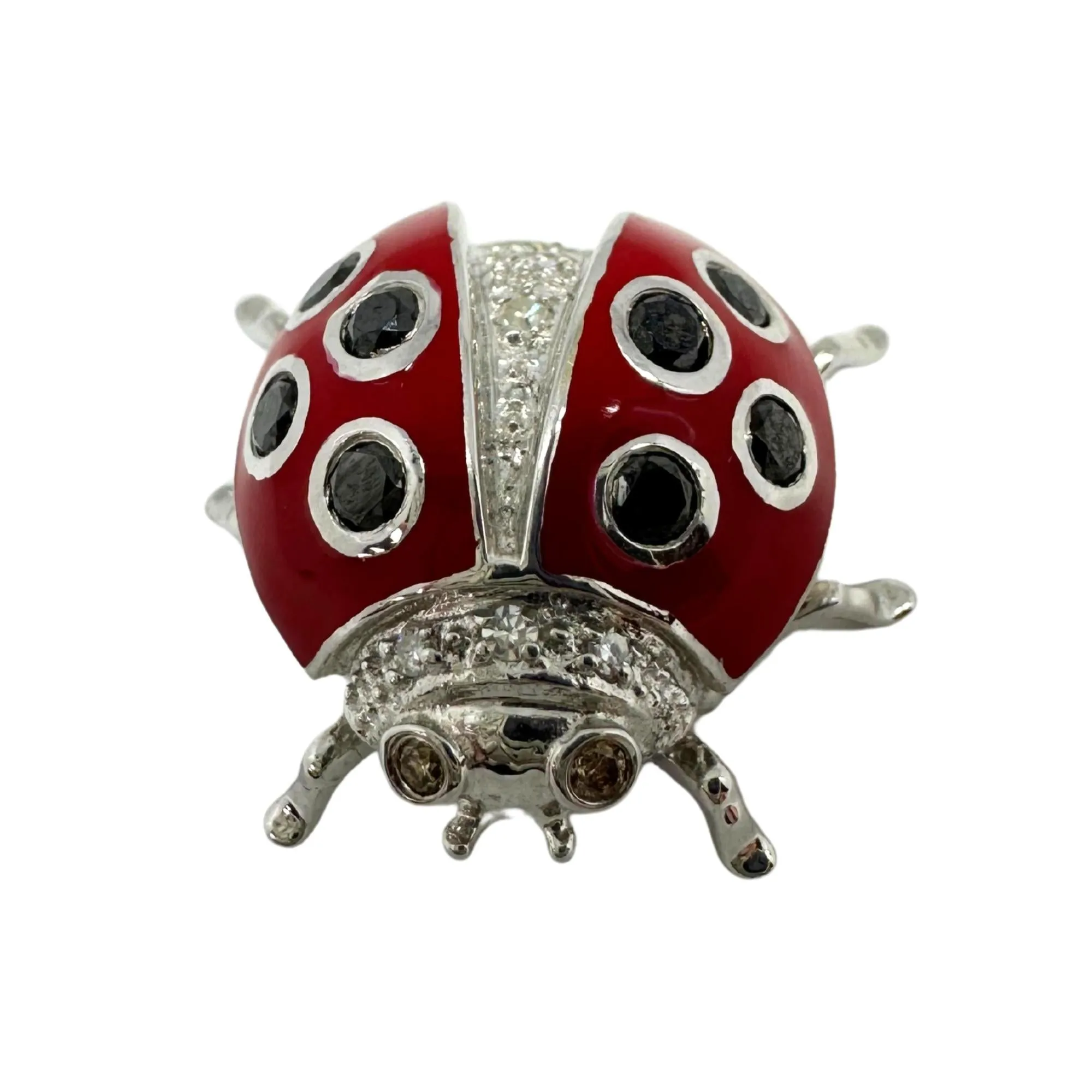 18K White Gold Black and White Diamond Red Lady Bug Brooch