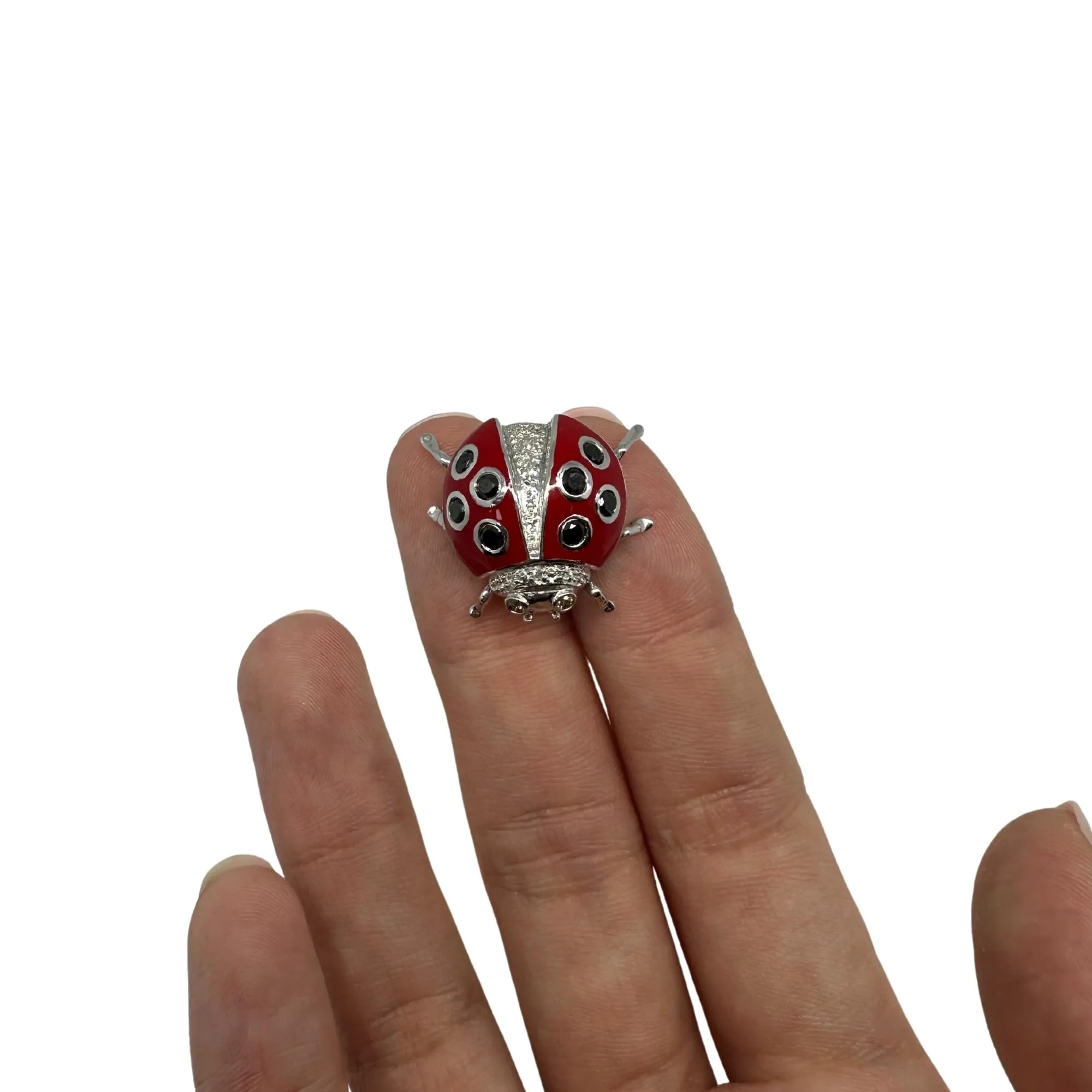 18K White Gold Black and White Diamond Red Lady Bug Brooch