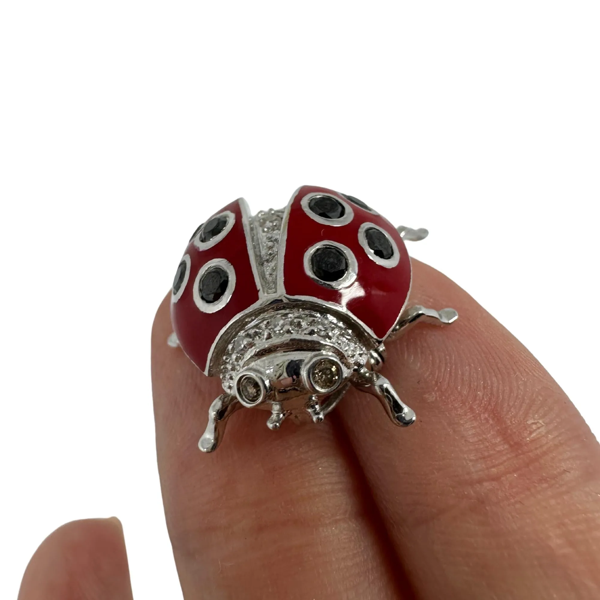 18K White Gold Black and White Diamond Red Lady Bug Brooch