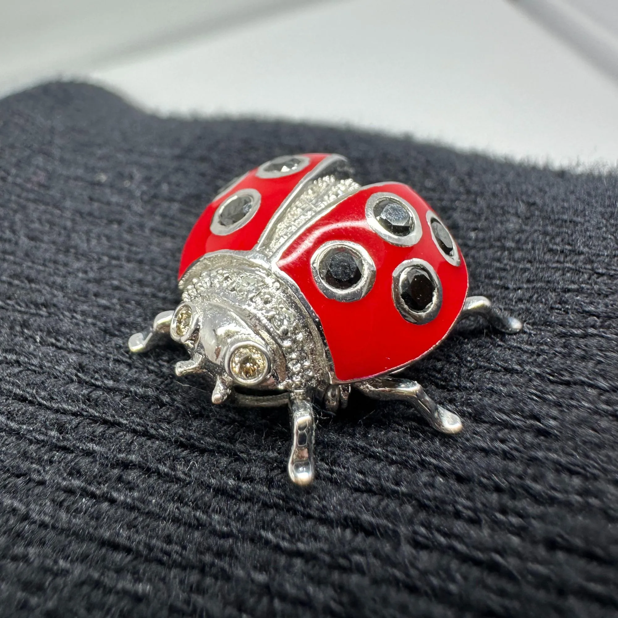 18K White Gold Black and White Diamond Red Lady Bug Brooch