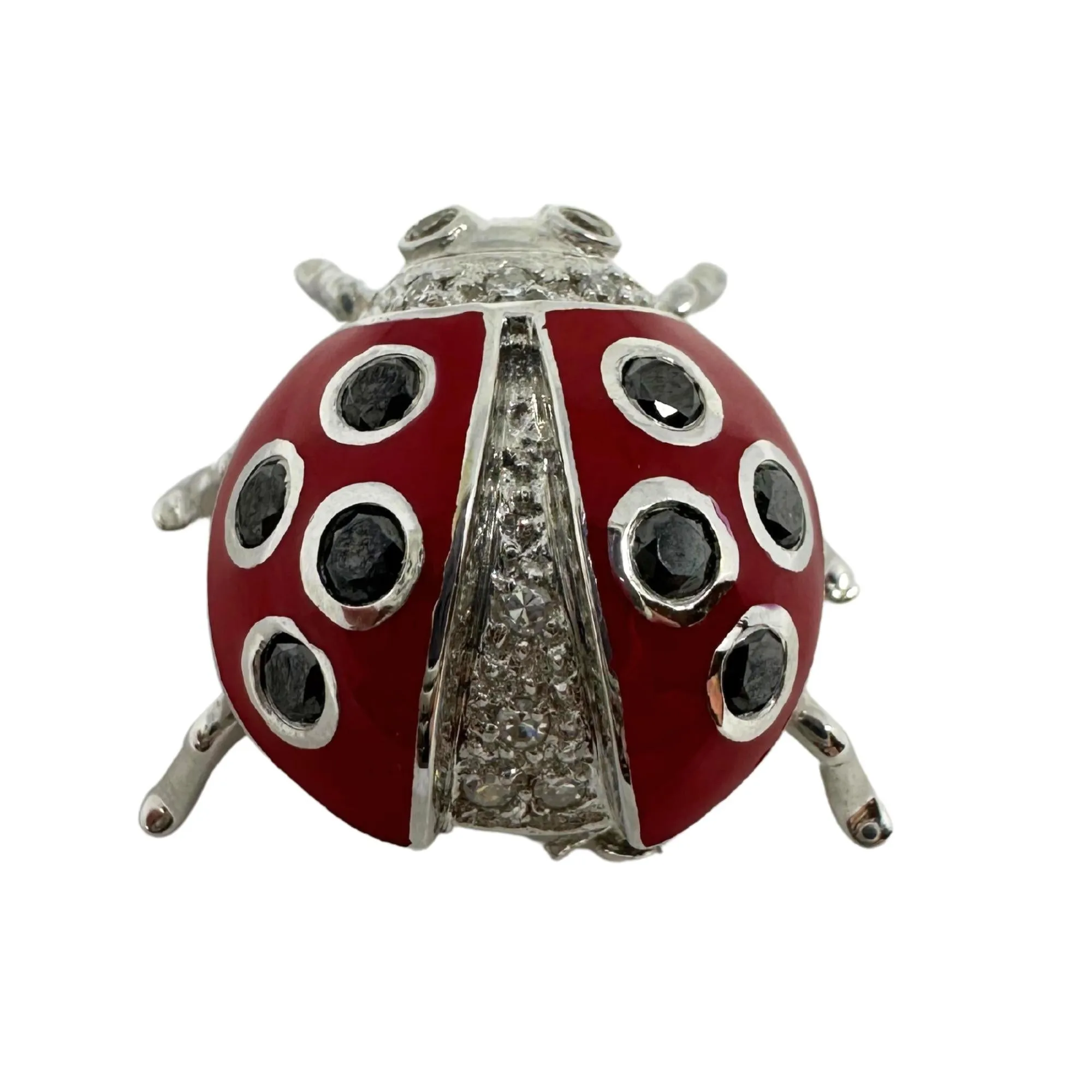 18K White Gold Black and White Diamond Red Lady Bug Brooch