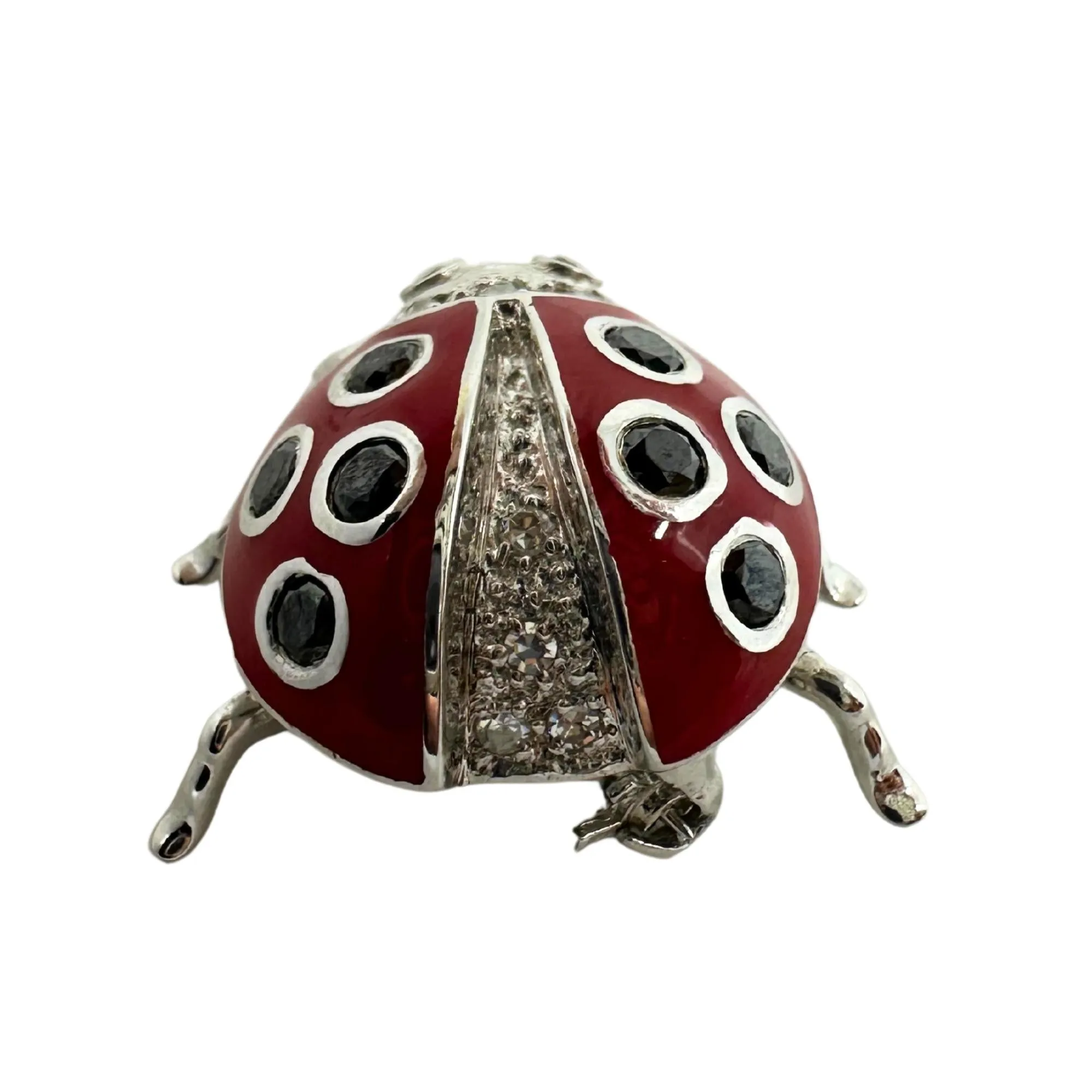 18K White Gold Black and White Diamond Red Lady Bug Brooch
