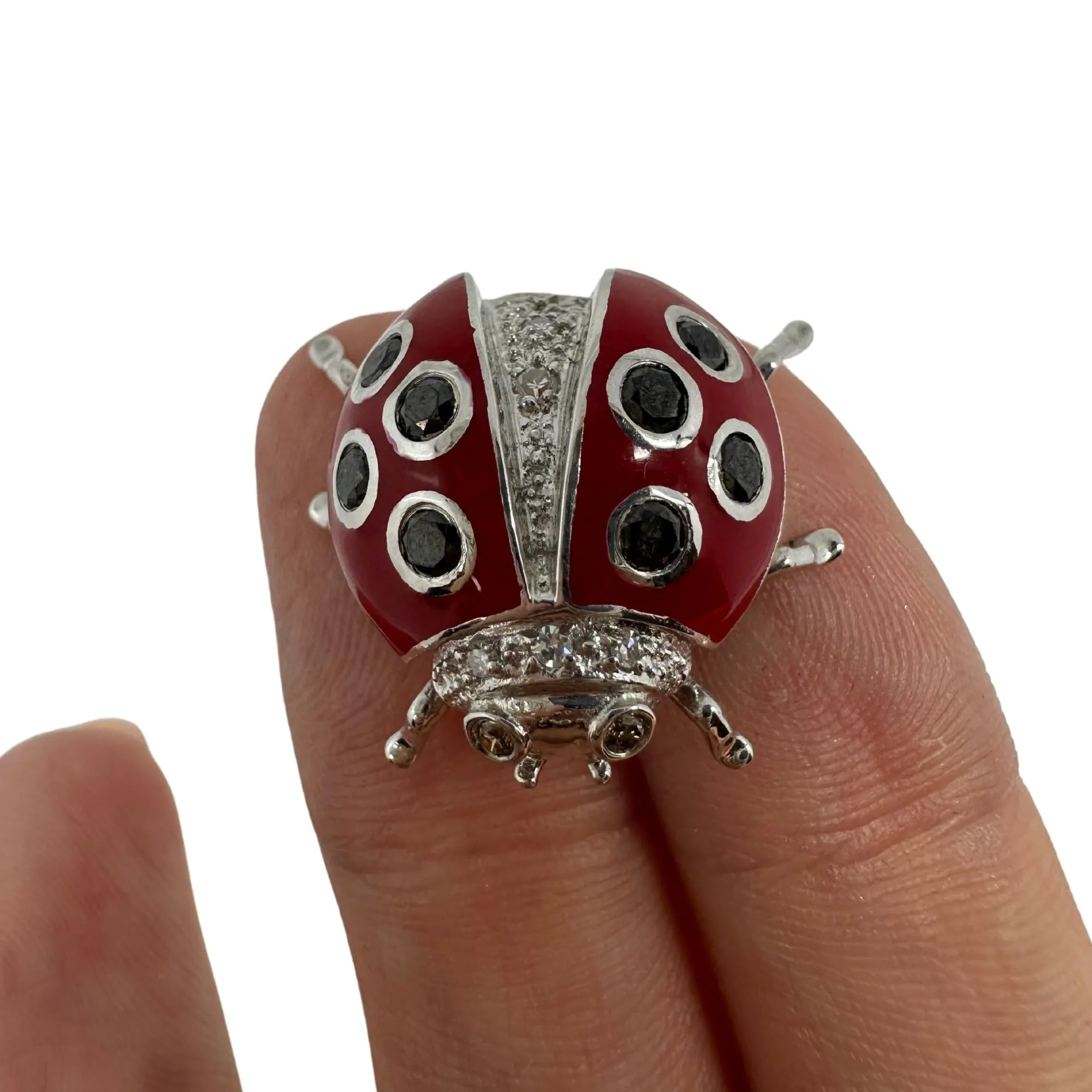 18K White Gold Black and White Diamond Red Lady Bug Brooch
