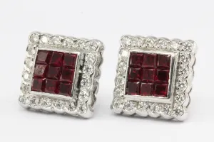 18K White Gold Natural Ruby and Diamond Square Earrings
