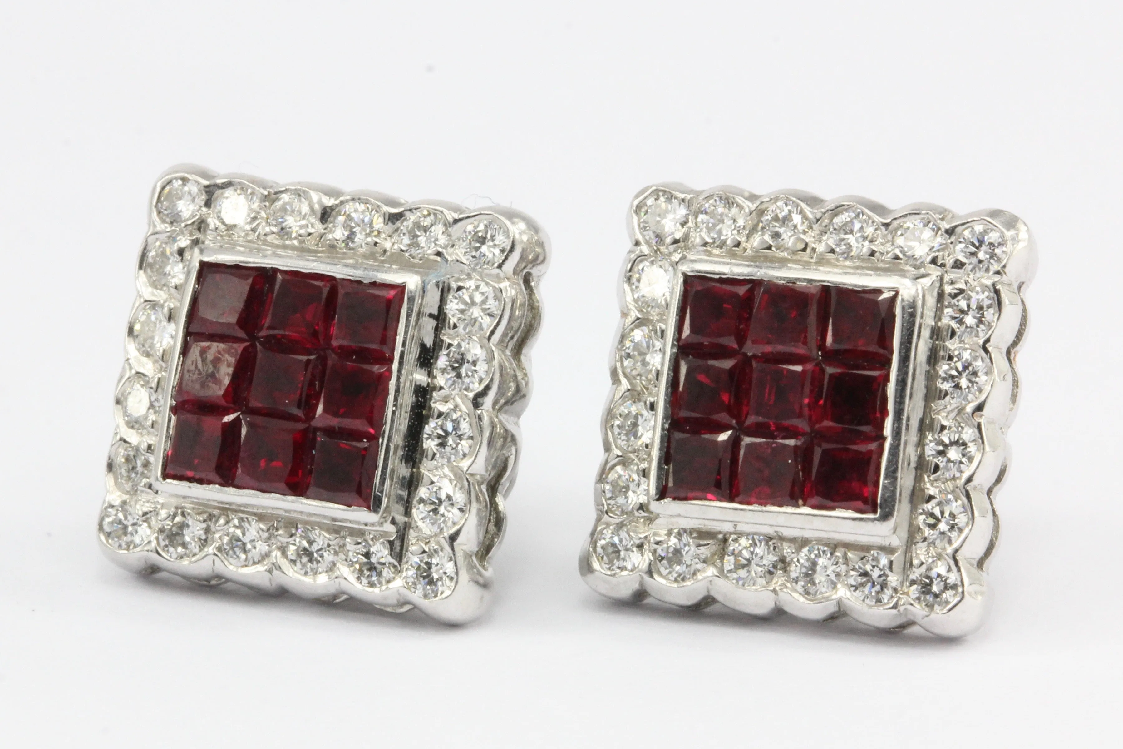 18K White Gold Natural Ruby and Diamond Square Earrings