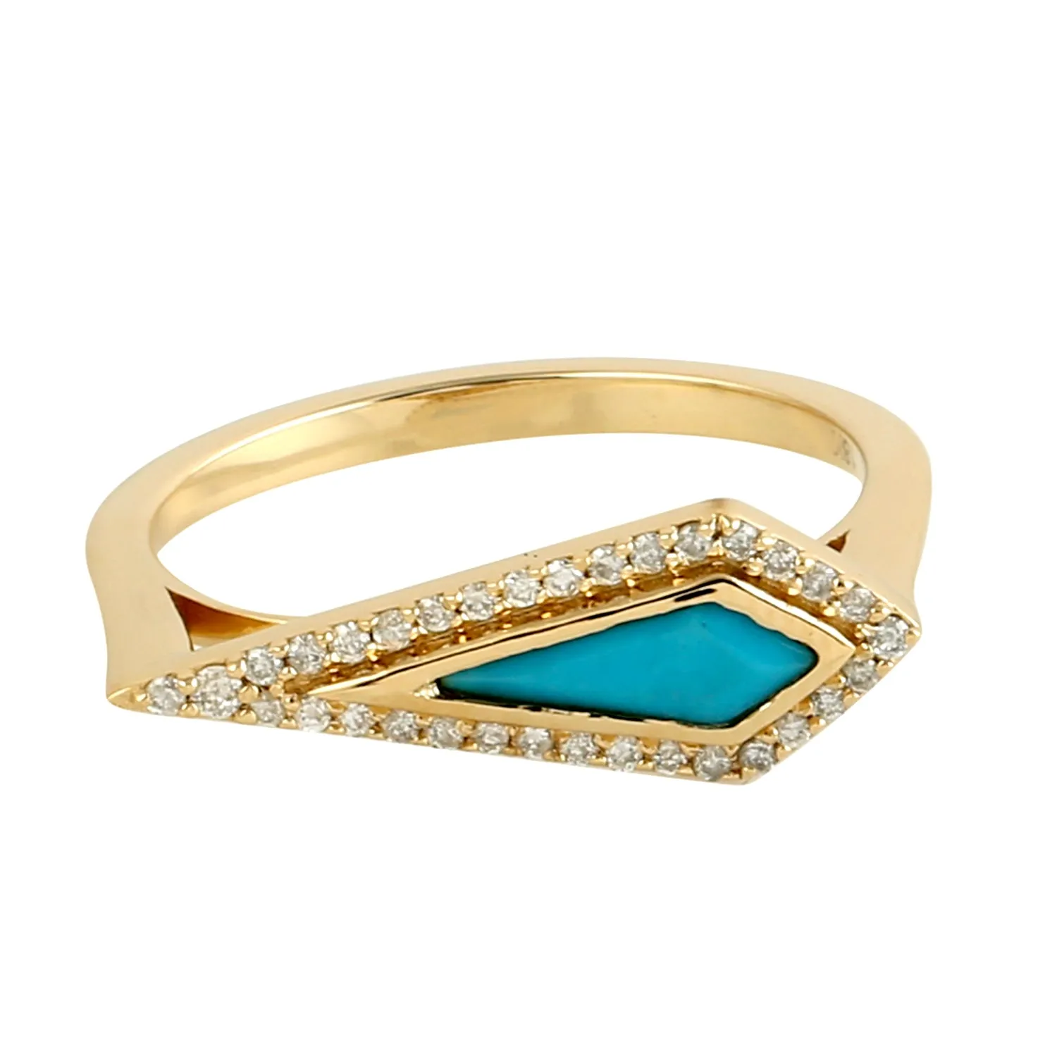 18K Yellow Gold Kite Shape Turquoise Pave Diamond Designer Ring For Her