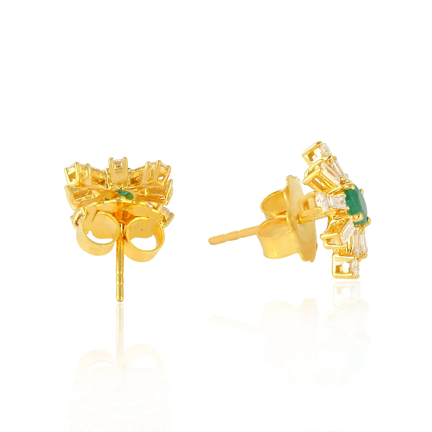 18K Yellow Gold Prong Emerald Baguette Diamond Sparkle Stud Earrings For Women's
