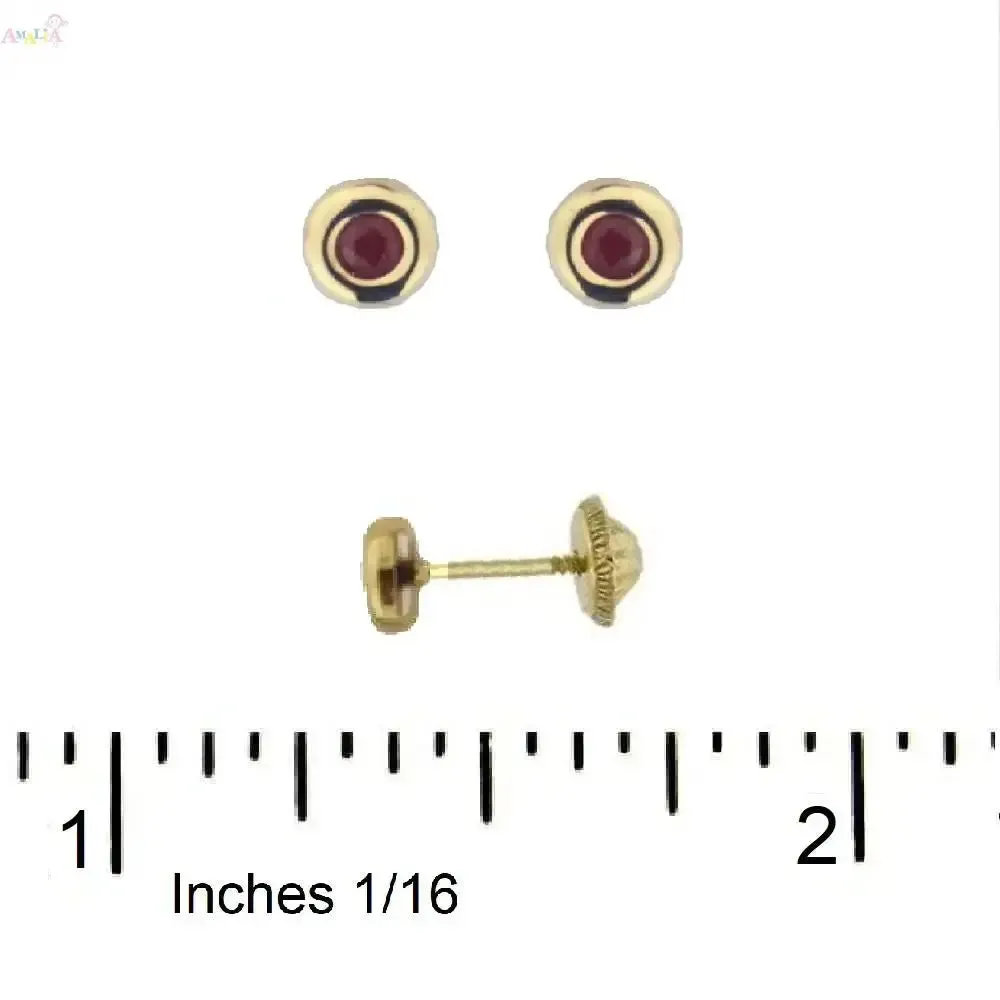 18K Yellow Gold Ruby Bezel Stud Covered Screwback Earrings