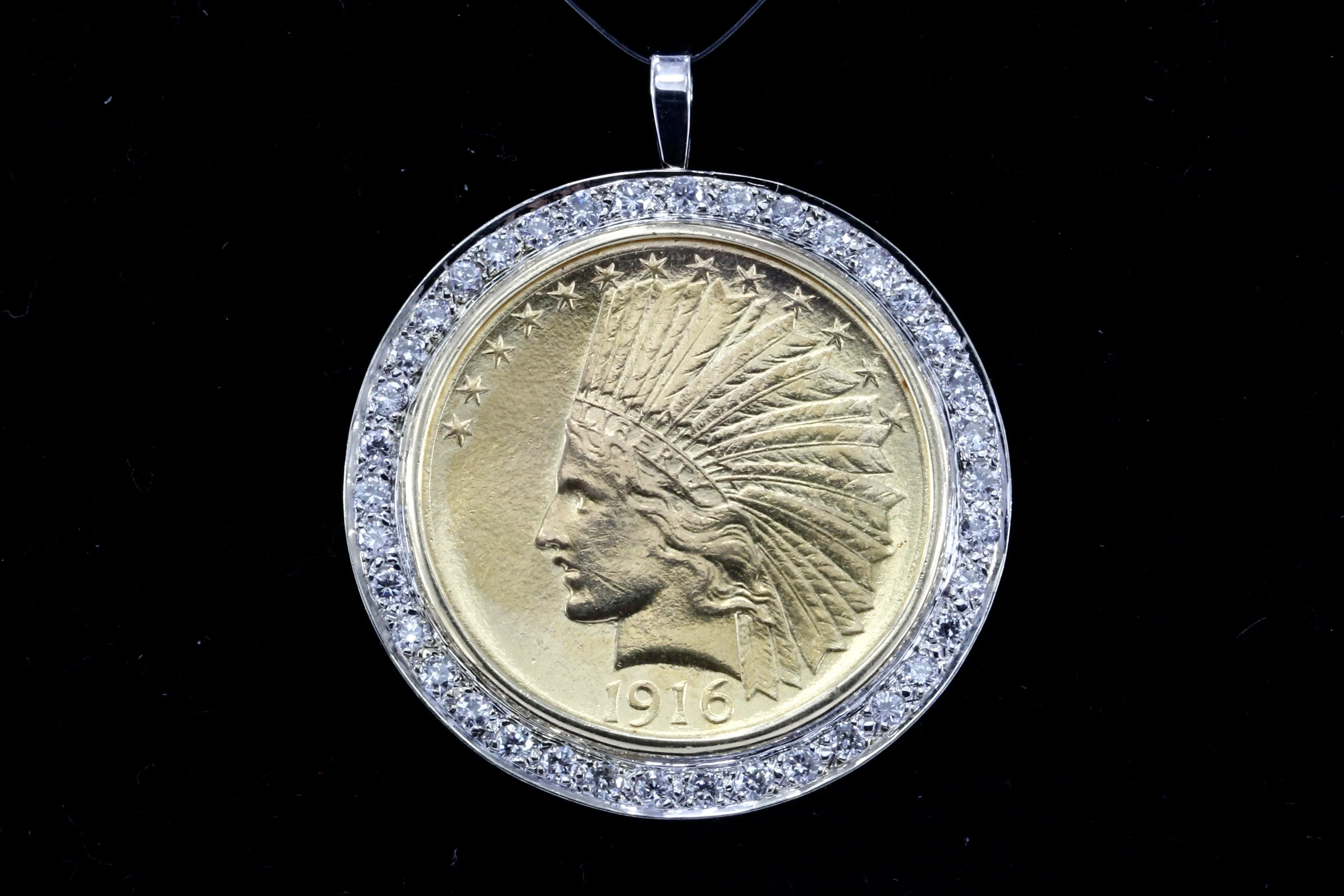 1916 Ten Dollar Gold Indian Head Coin Custom 14K White Gold and Diamond Bezel Pendant