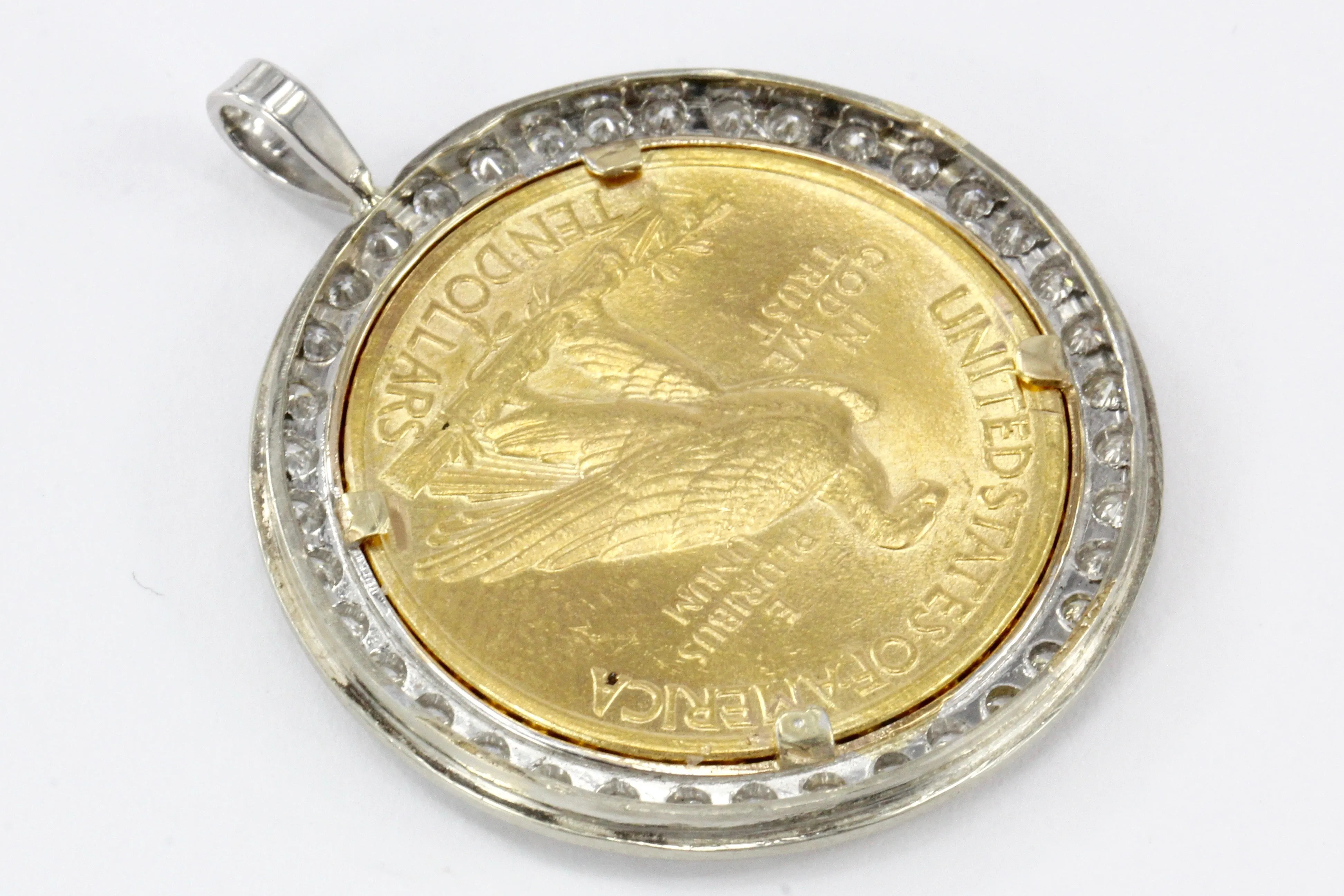 1916 Ten Dollar Gold Indian Head Coin Custom 14K White Gold and Diamond Bezel Pendant