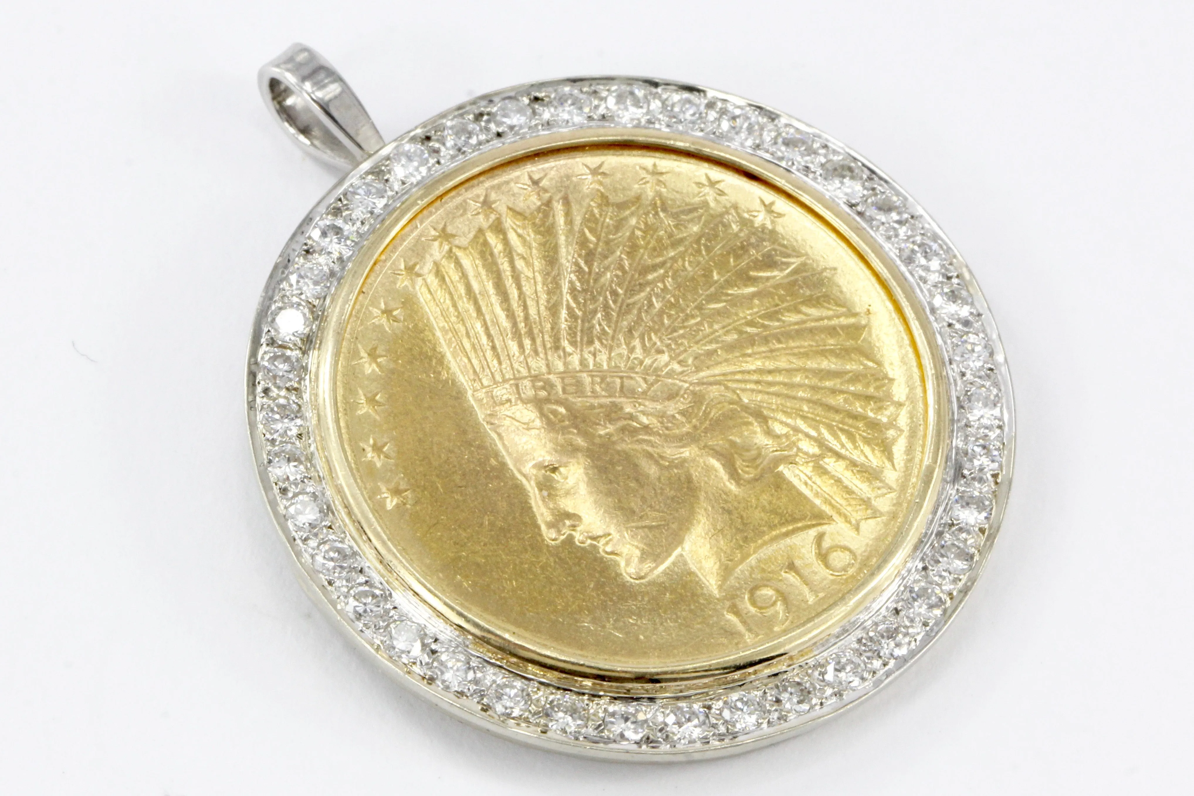 1916 Ten Dollar Gold Indian Head Coin Custom 14K White Gold and Diamond Bezel Pendant