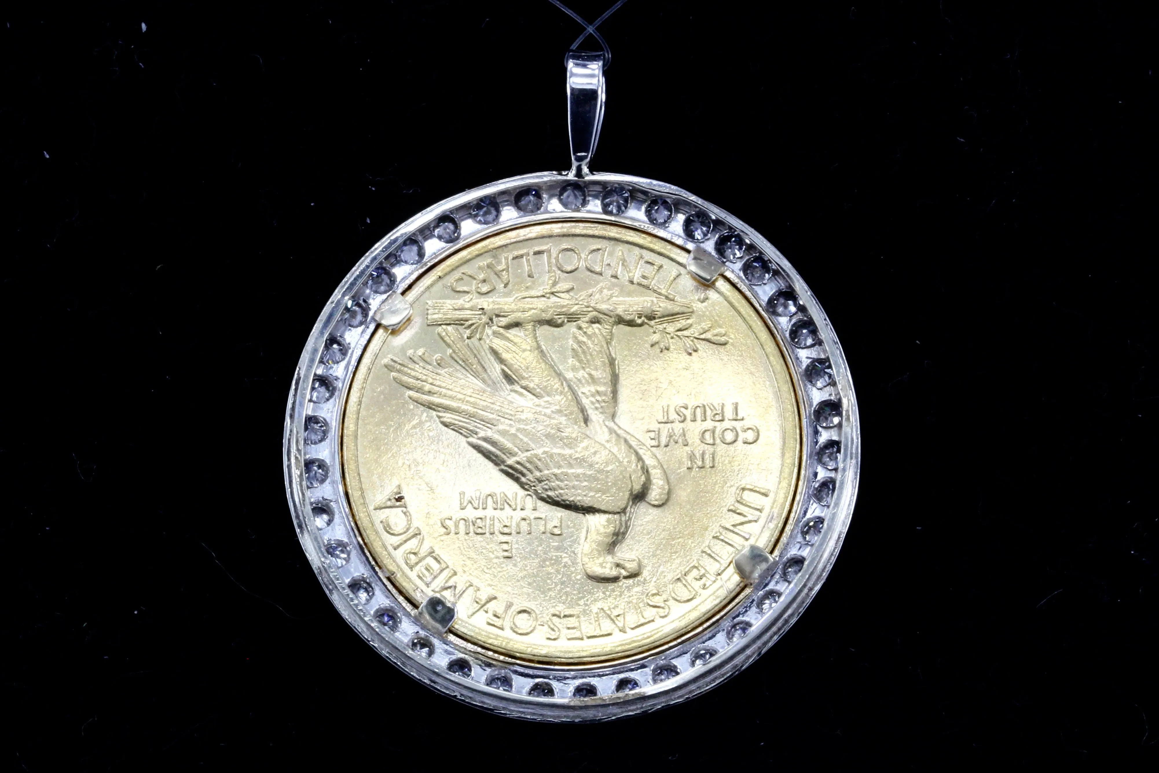 1916 Ten Dollar Gold Indian Head Coin Custom 14K White Gold and Diamond Bezel Pendant