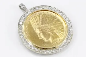 1916 Ten Dollar Gold Indian Head Coin Custom 14K White Gold and Diamond Bezel Pendant