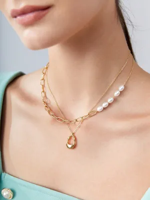 1pc Faux Pearl Decor Layered Necklace - Gold - FD ⚡