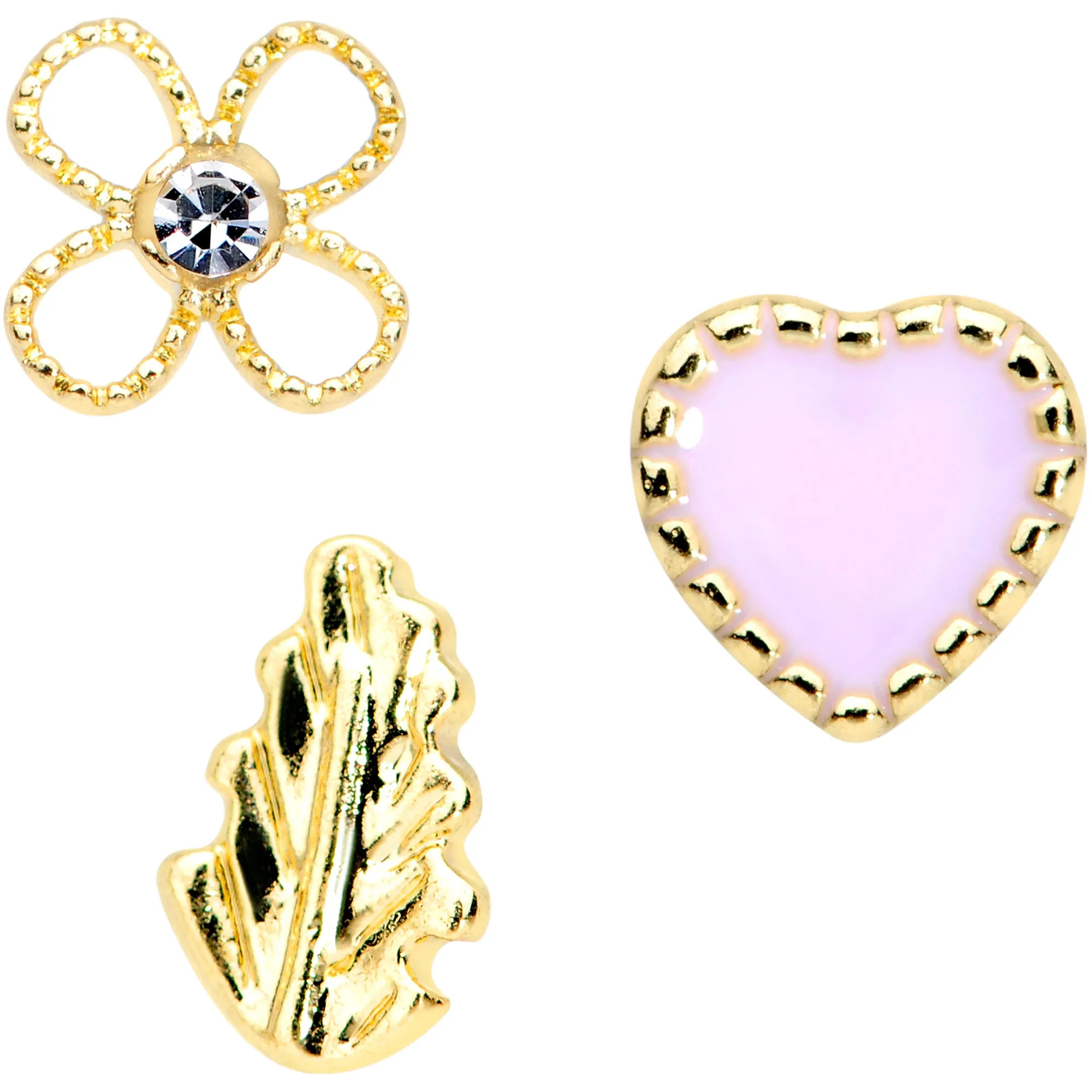 20 Gauge 1/4 Clear Gem Pink Heart Flower Feather Nose Bone Set of 3