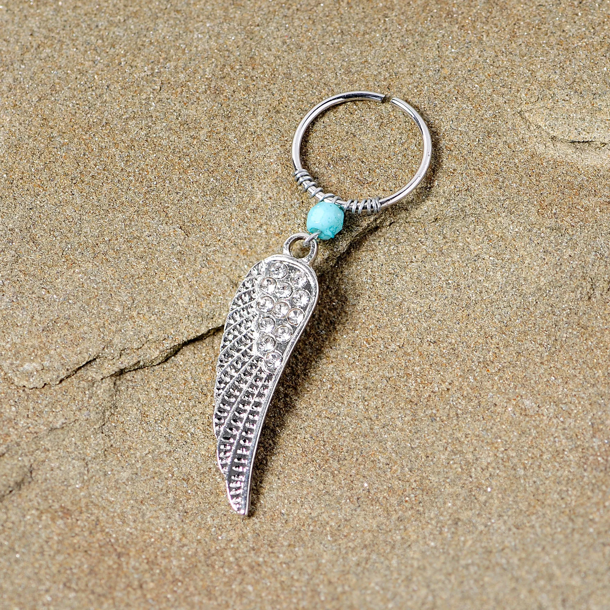 20 Gauge 3/8 Clear Gem Feather Feathered Wing Dangle Closure Ring