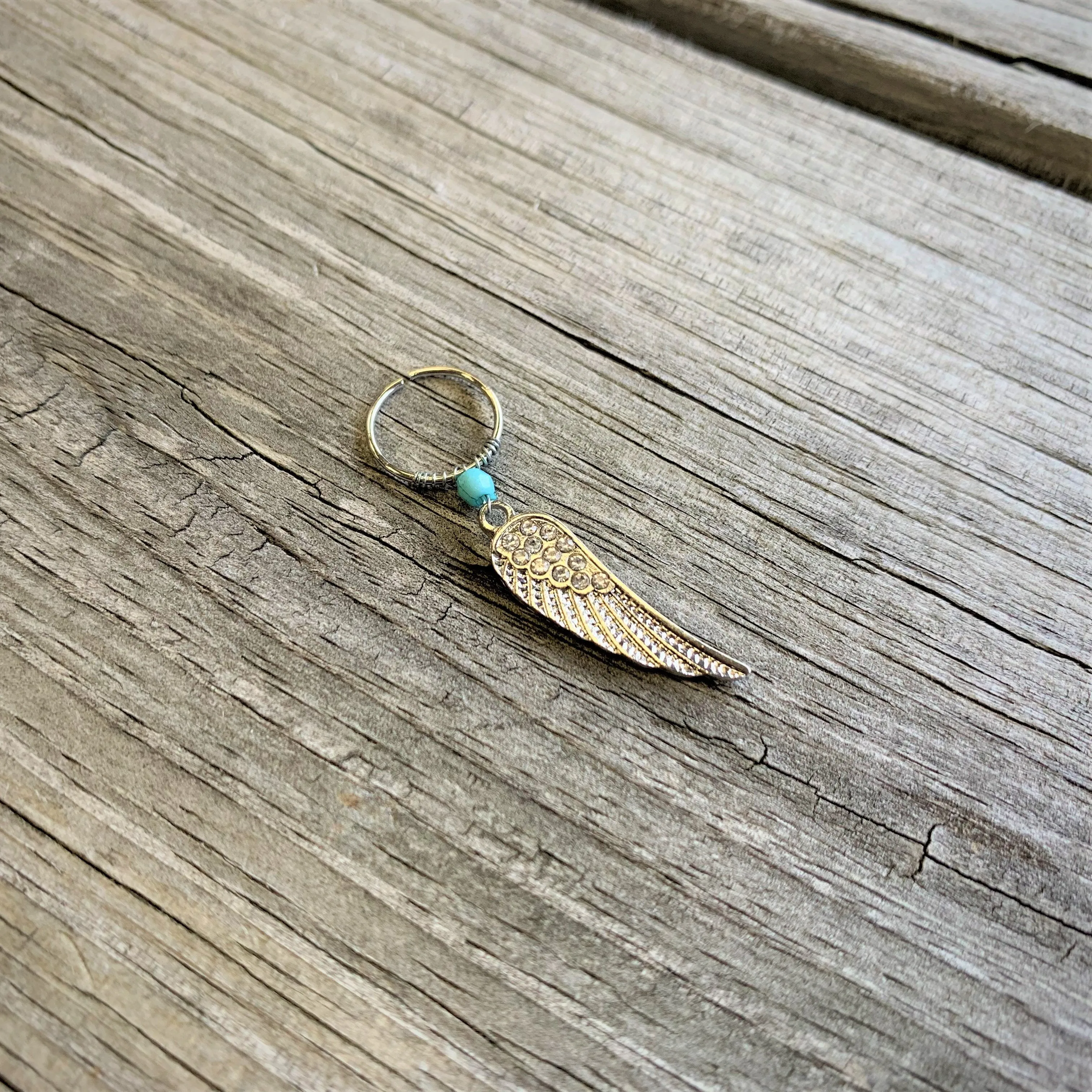 20 Gauge 3/8 Clear Gem Feather Feathered Wing Dangle Closure Ring