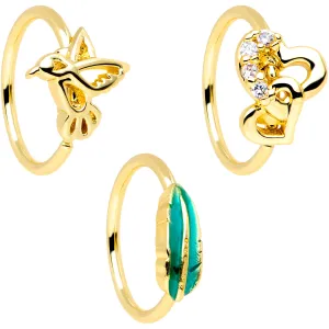20 Gauge 5/16 Clear CZ Gem Gold Tone Bird Heart Nose Hoop Set of 3