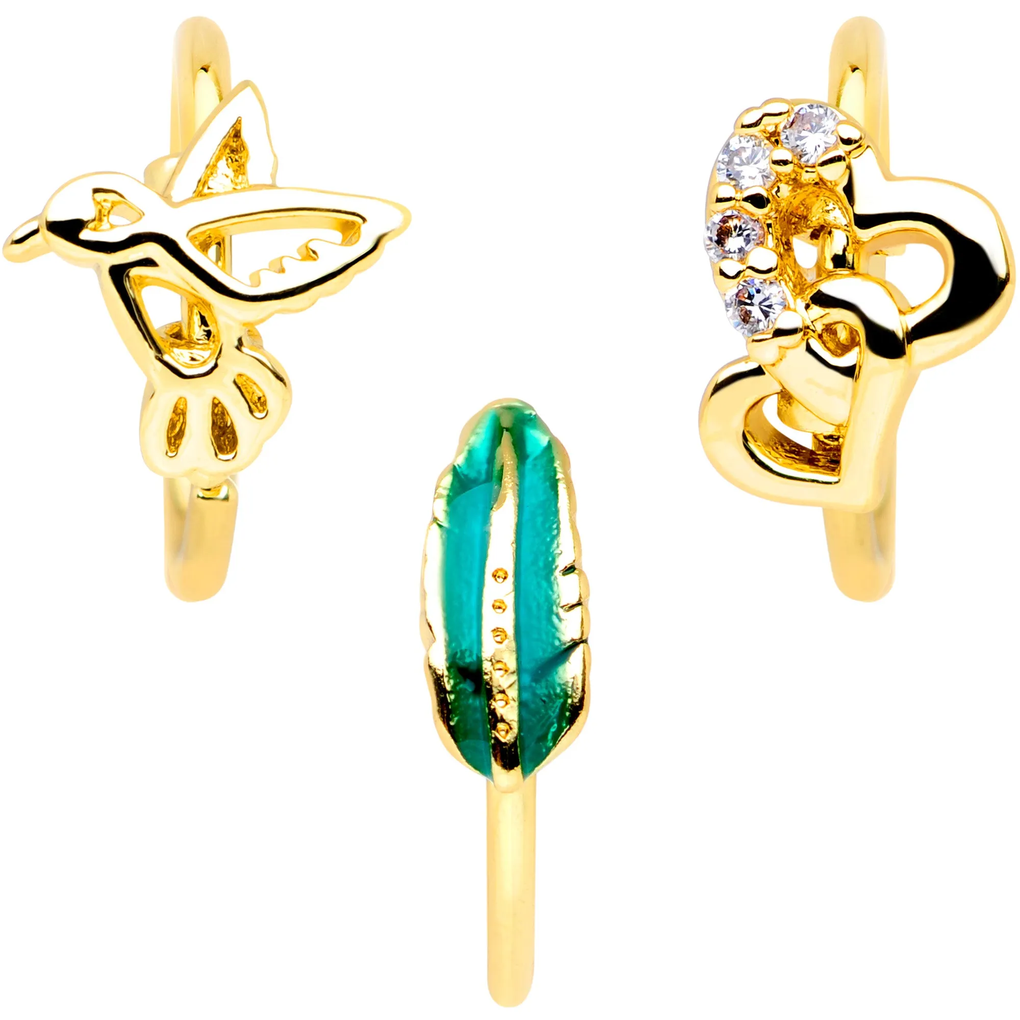 20 Gauge 5/16 Clear CZ Gem Gold Tone Bird Heart Nose Hoop Set of 3