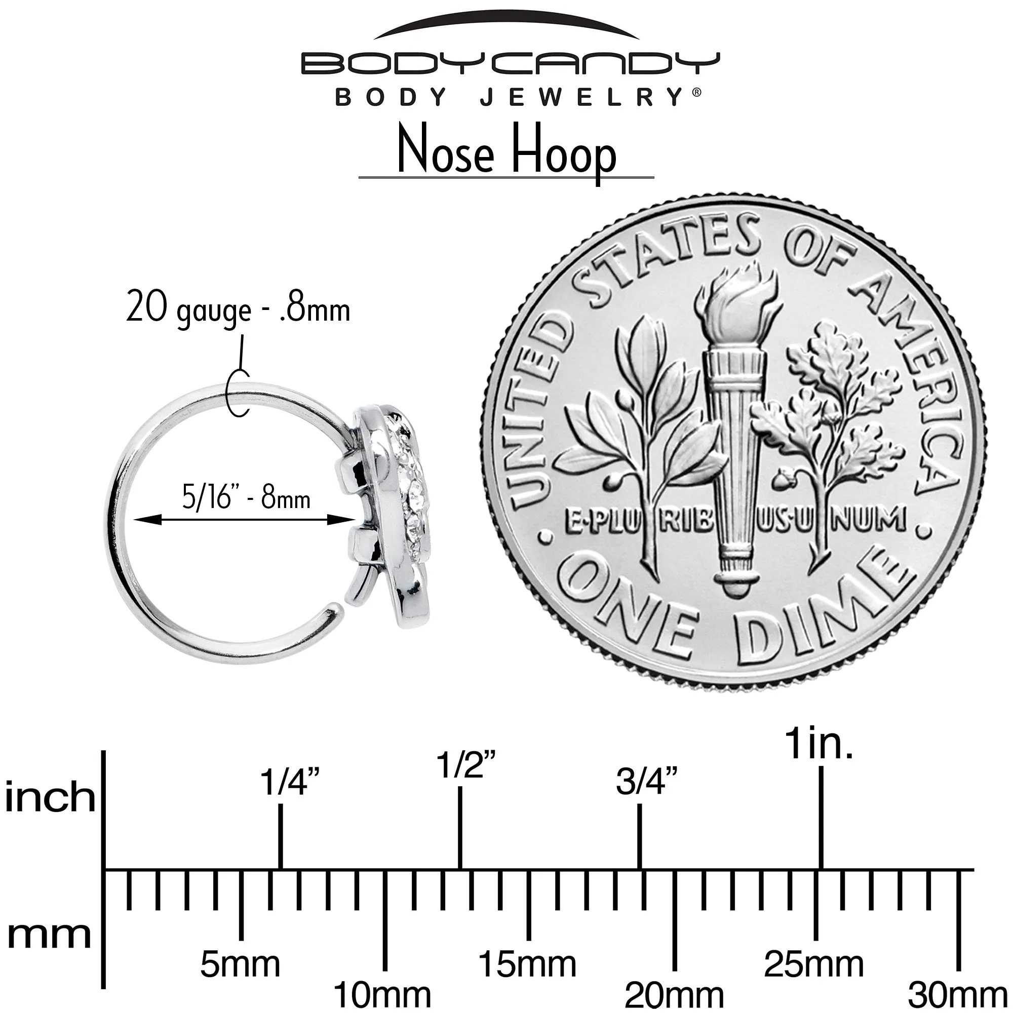 20 Gauge 5/16 Clear Gem Heavenly Heart Angel Wing Black Nose Hoop
