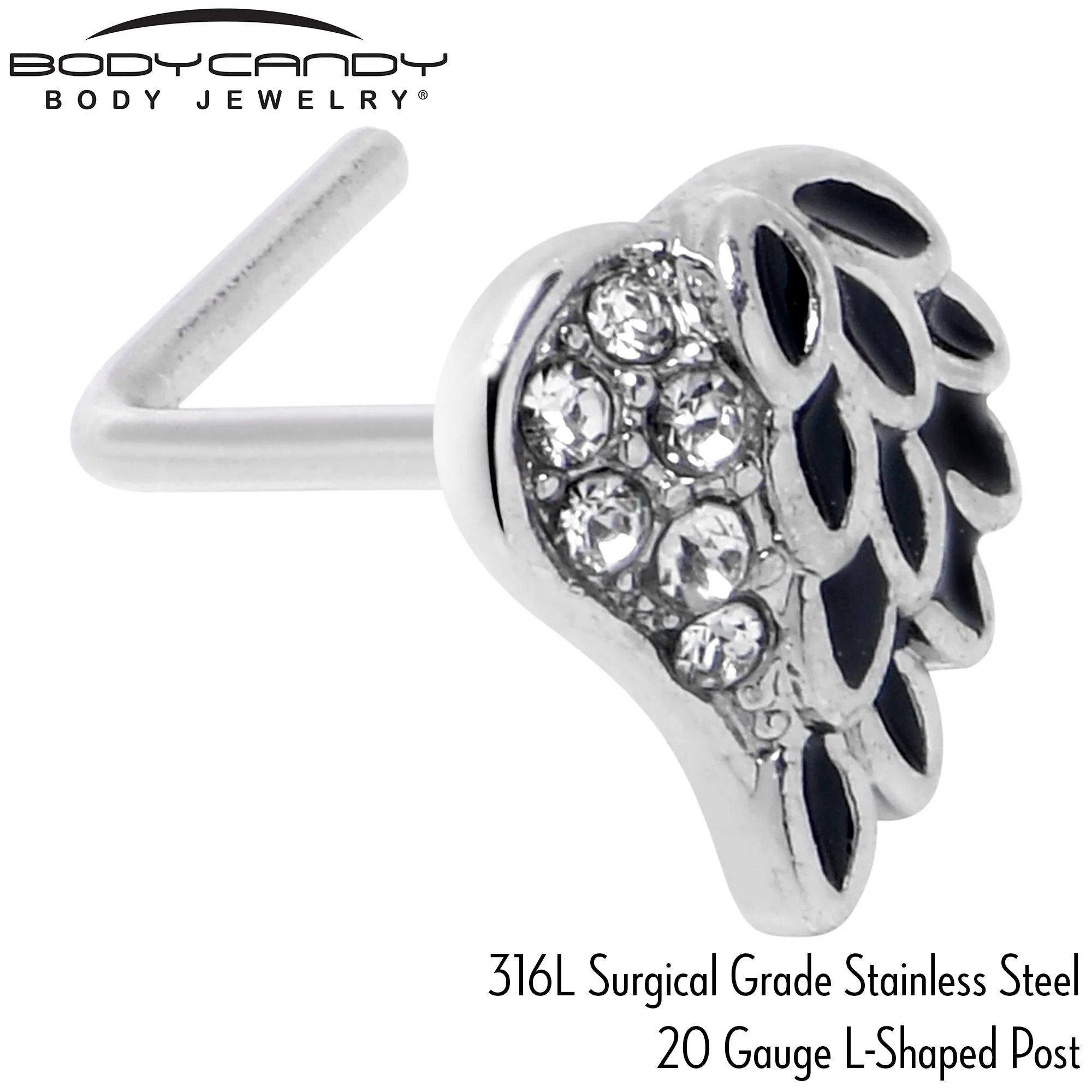 20 Gauge 7mm Clear Gem Heavenly Heart Angel Wing Black L Shape Nose Ring