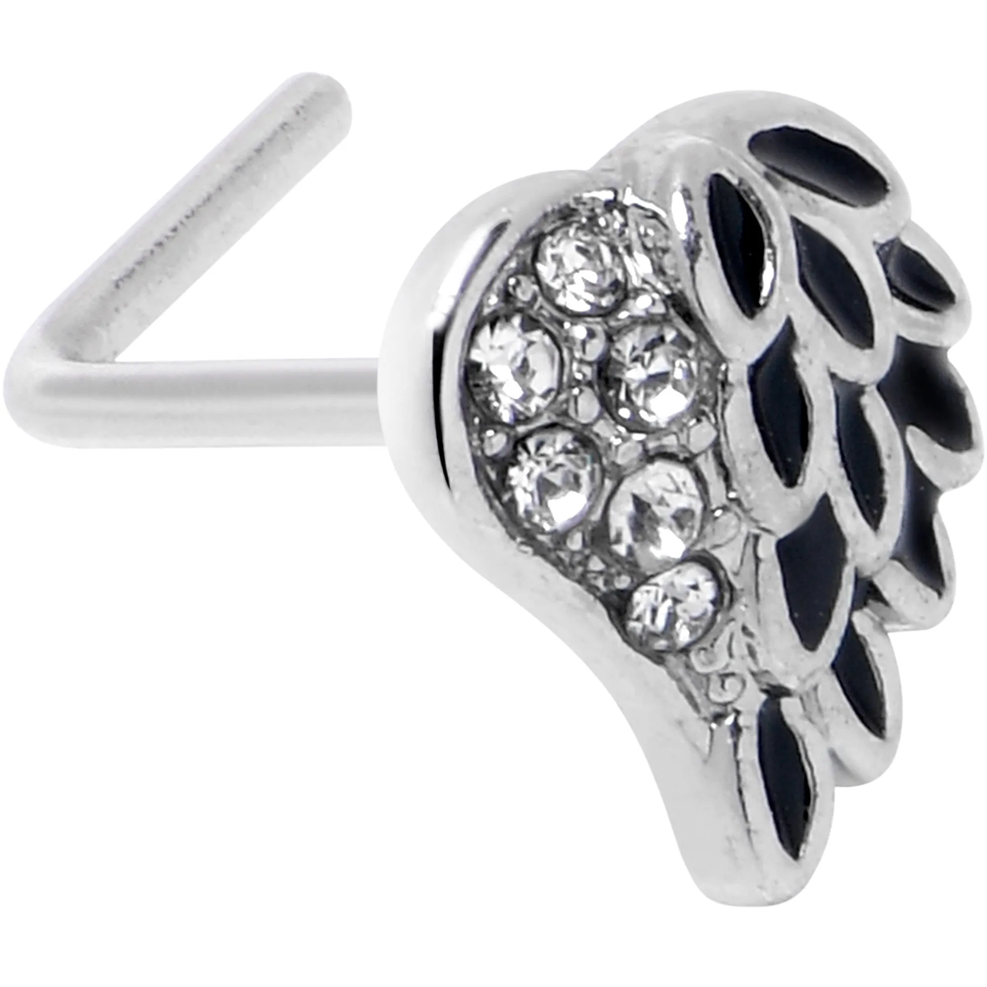 20 Gauge 7mm Clear Gem Heavenly Heart Angel Wing Black L Shape Nose Ring