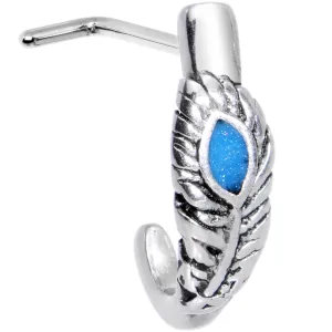20 Gauge Glitter Blue Bird Feather Faux Hoop L Shaped Nose Ring