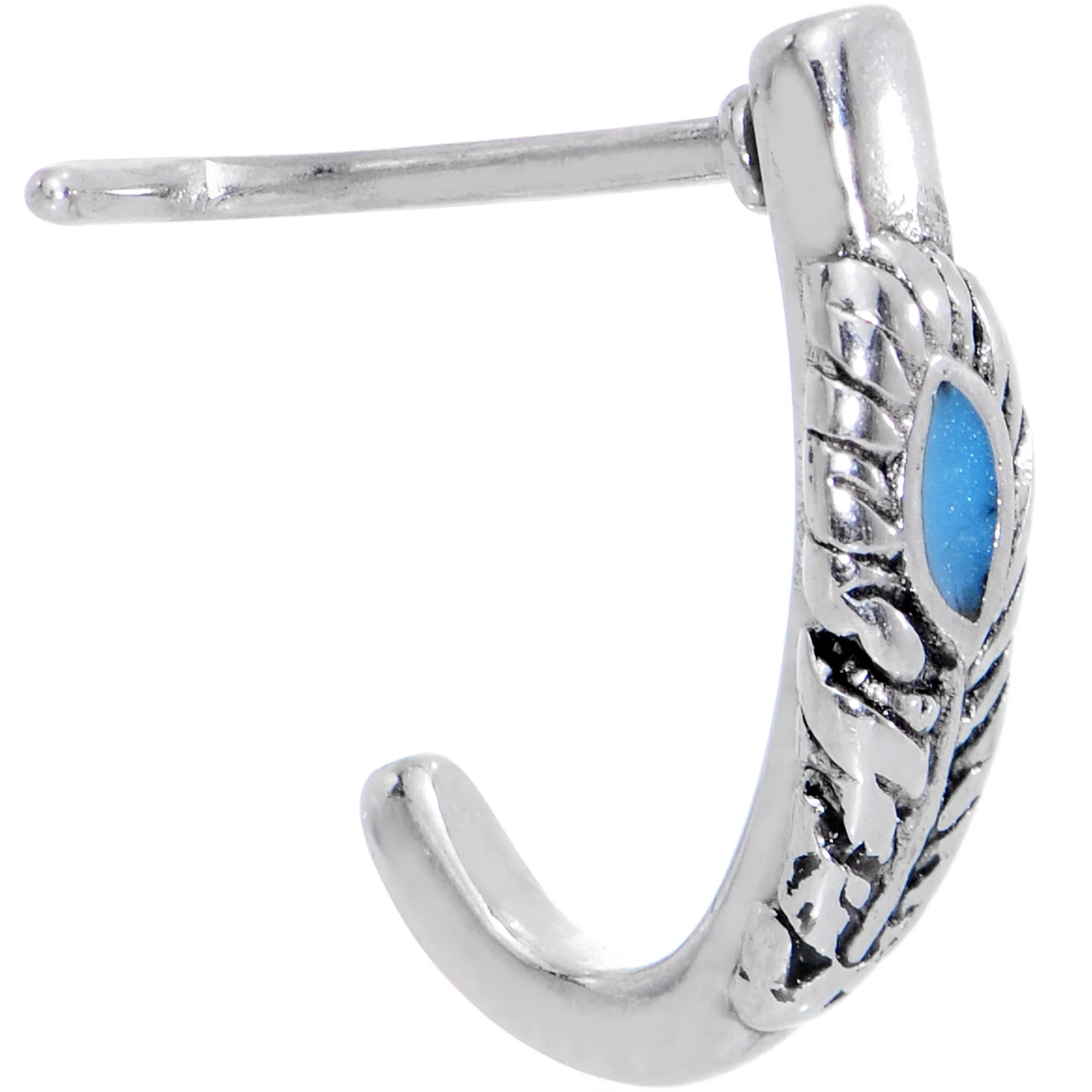 20 Gauge Glitter Blue Bird Feather Faux Hoop L Shaped Nose Ring