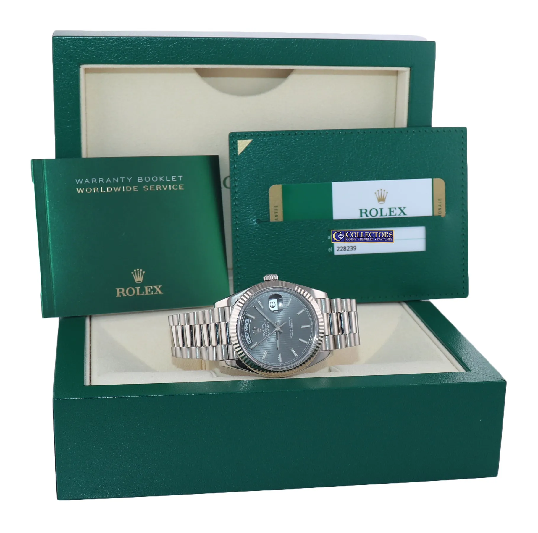 2018 PAPERS Rolex Day Date 40 White Gold President Rhodium Tapestry 228239 Watch