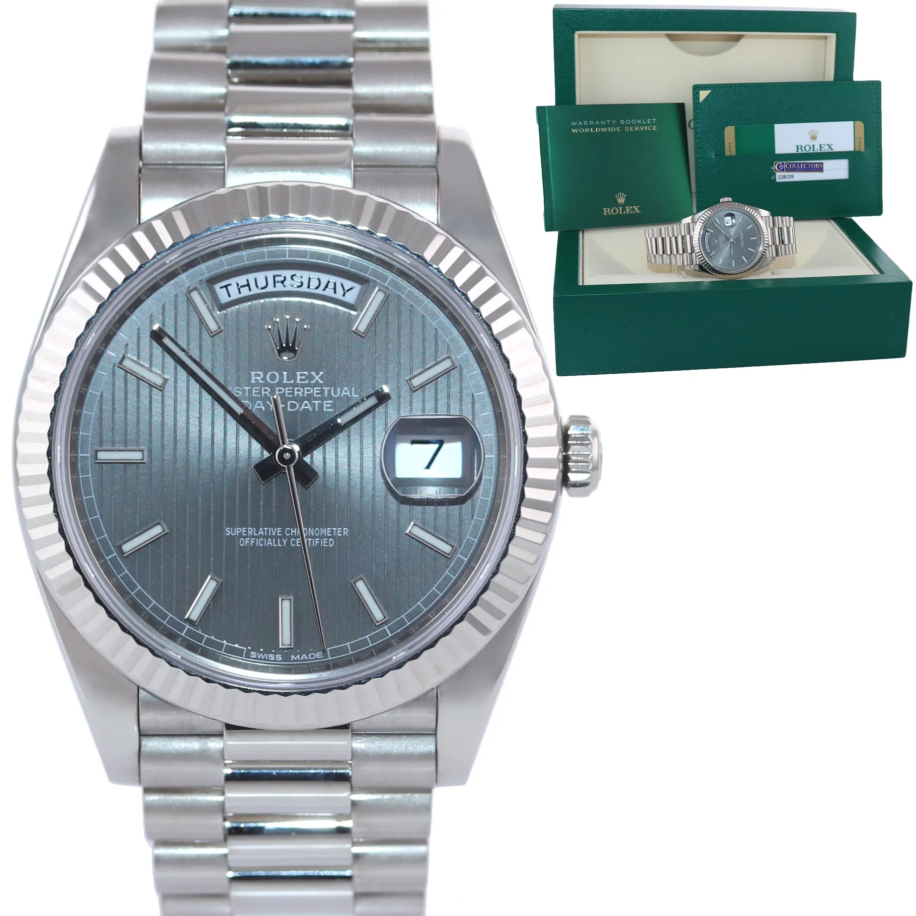 2018 PAPERS Rolex Day Date 40 White Gold President Rhodium Tapestry 228239 Watch