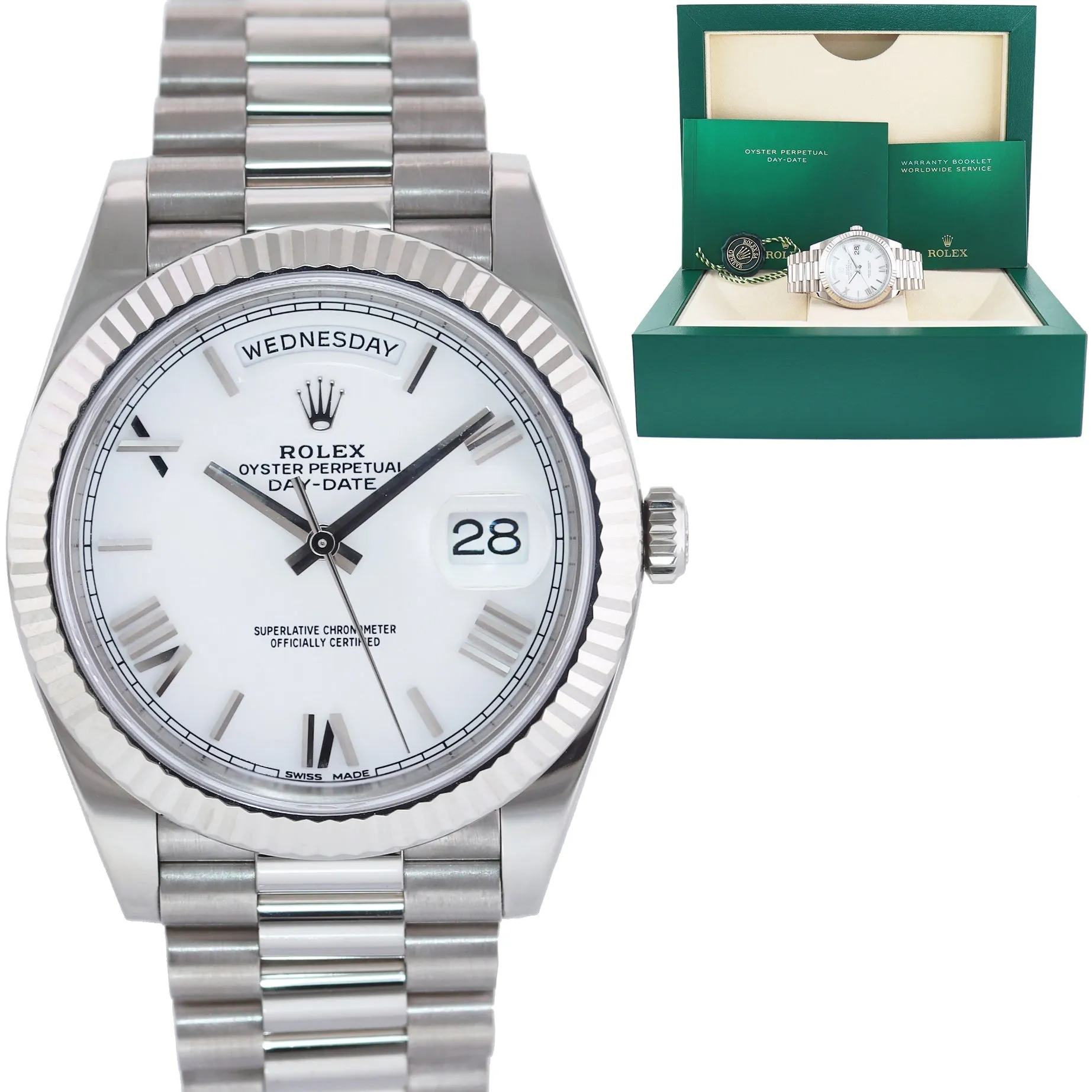 2019 MINT Rolex Day Date 40 White Gold President White Roman 228239 Watch Box