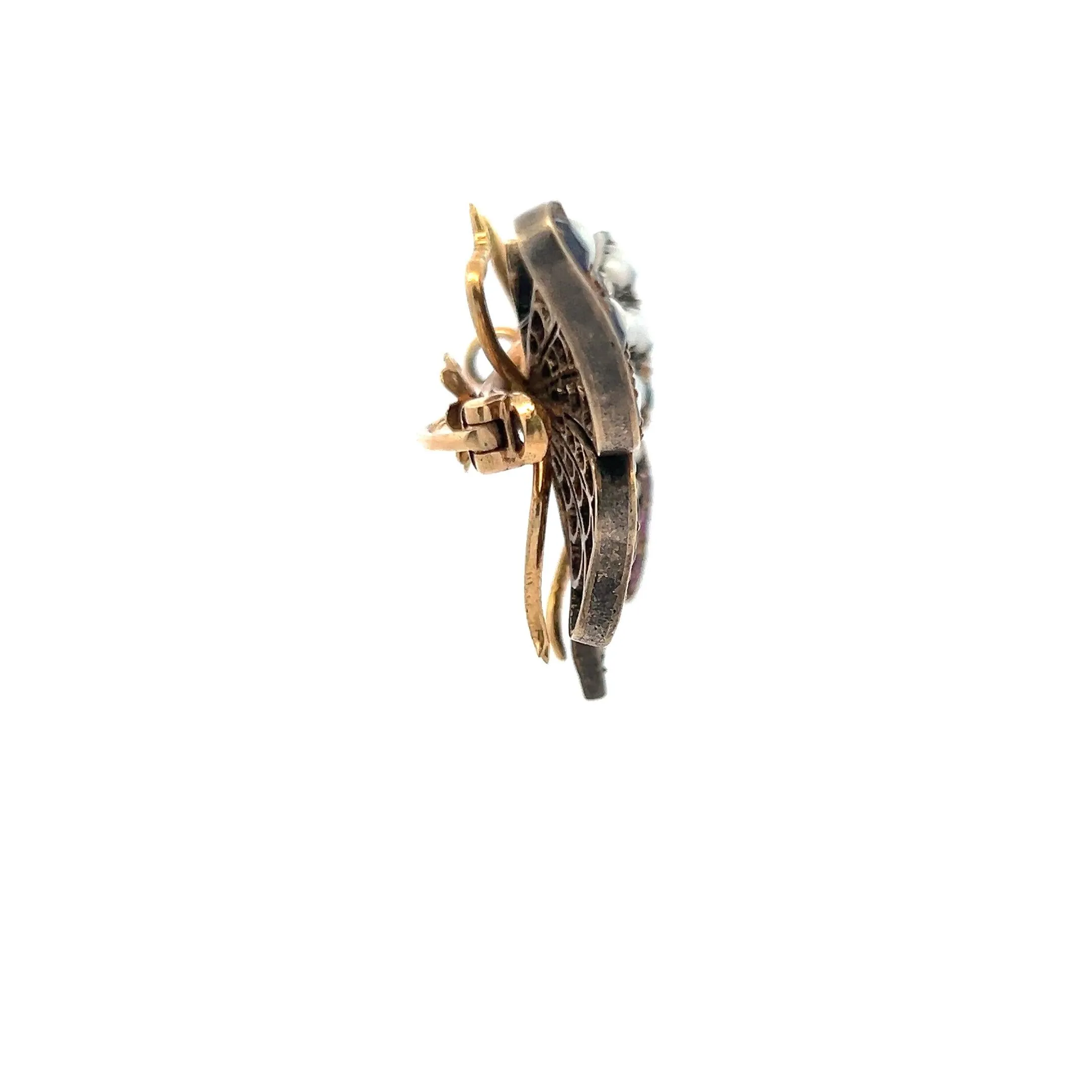 2.3-3.6mm Pearl 1.10 Carat Ruby and Sapphire 0.38 Carat Diamond 18K YG Brooch