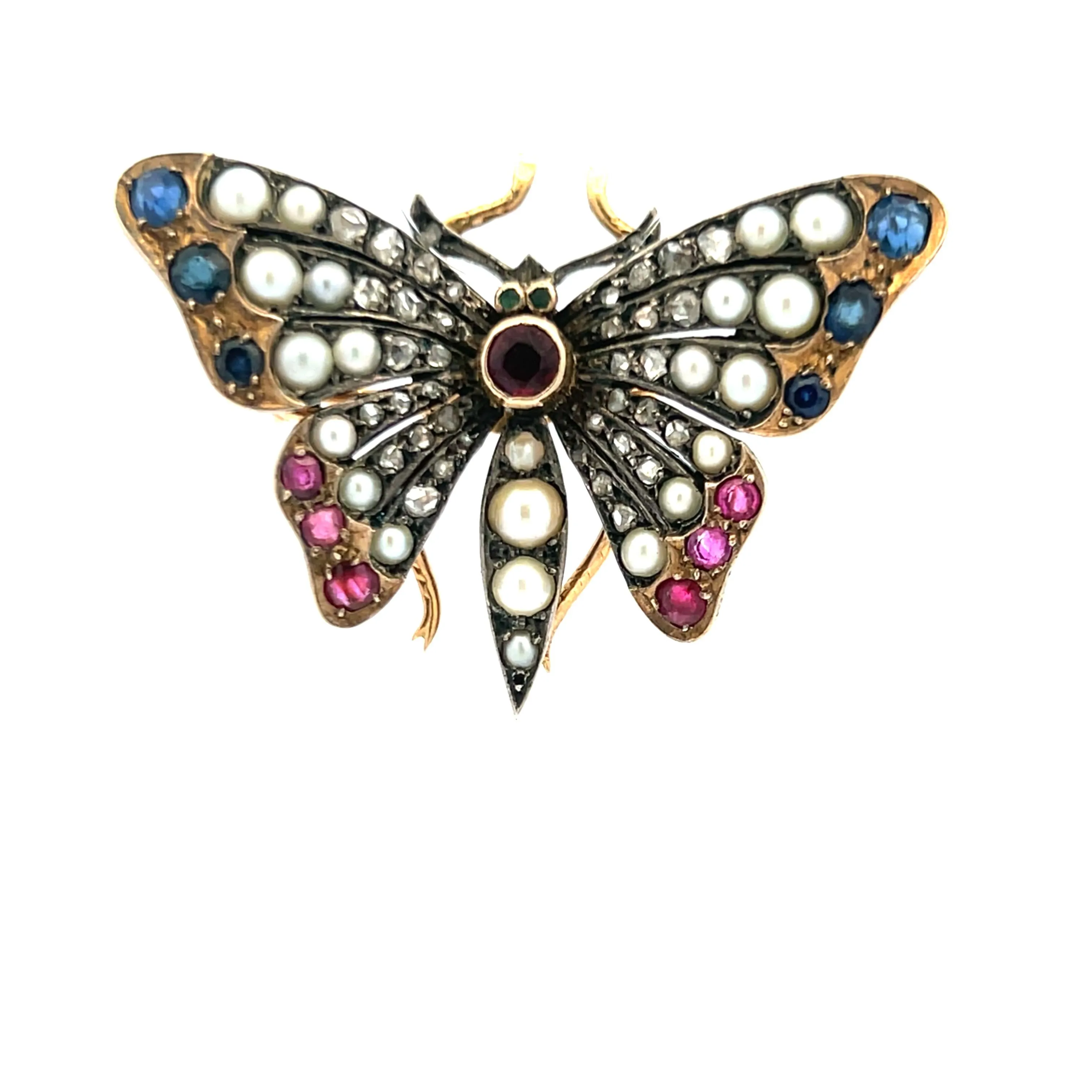 2.3-3.6mm Pearl 1.10 Carat Ruby and Sapphire 0.38 Carat Diamond 18K YG Brooch