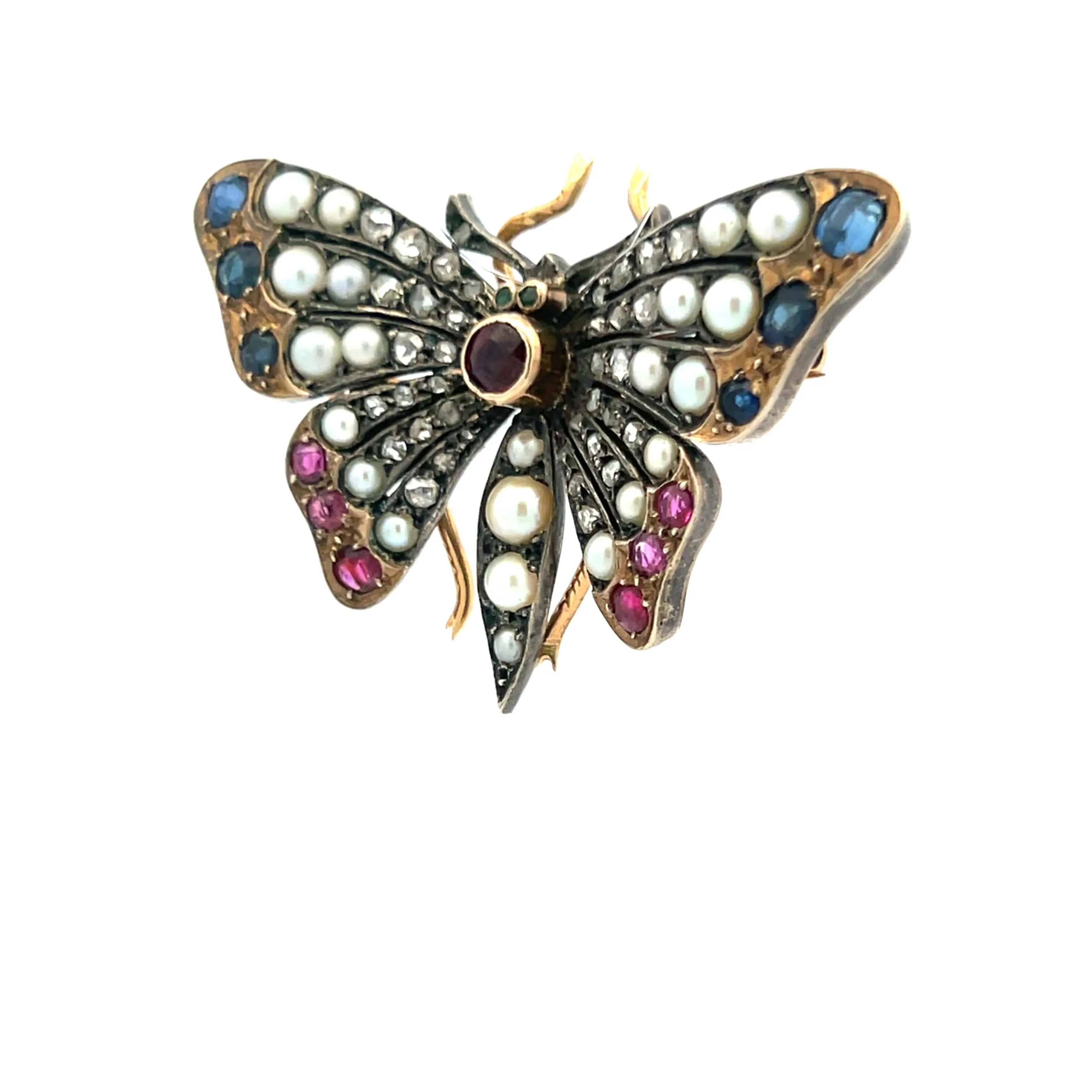 2.3-3.6mm Pearl 1.10 Carat Ruby and Sapphire 0.38 Carat Diamond 18K YG Brooch