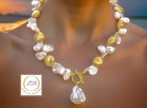 24k Brushed Gold Vermeil and White Keshi Pearls Statement Necklace 18”