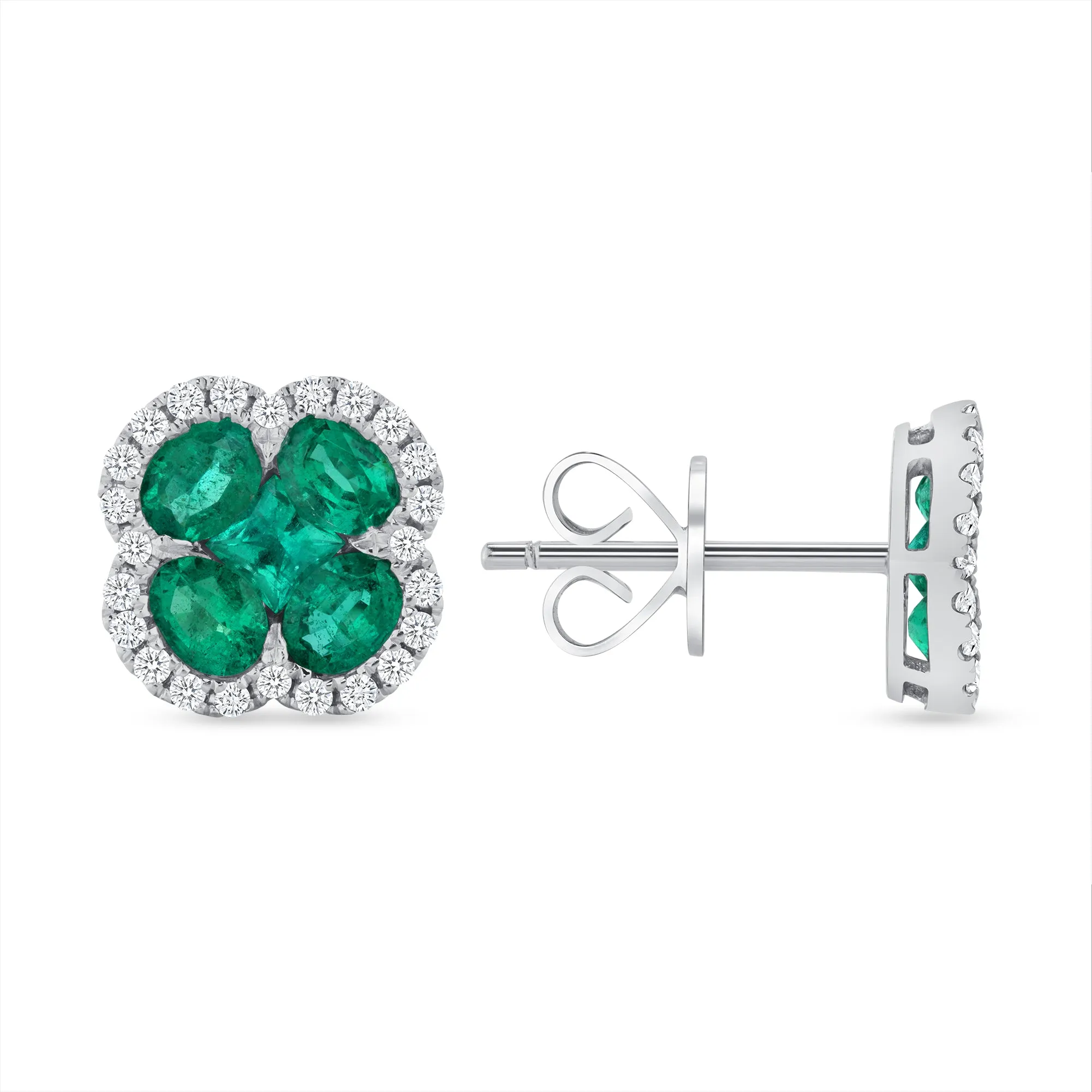 2.80tcw Round Colombian Emerald and Halo Diamond Flower Stud Earrings 18k White Gold