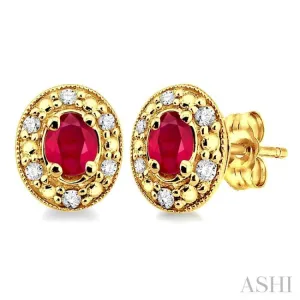 4x3 MM Oval Shaped Ruby and 1/10 ctw Single Cut Diamond Earrings in 14K Yellow Gold