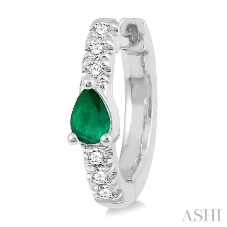 4X3 MM Pear Cut Emerald and 1/10 ctw Round Cut Diamond Petite Huggie Earrings in 10K White Gold