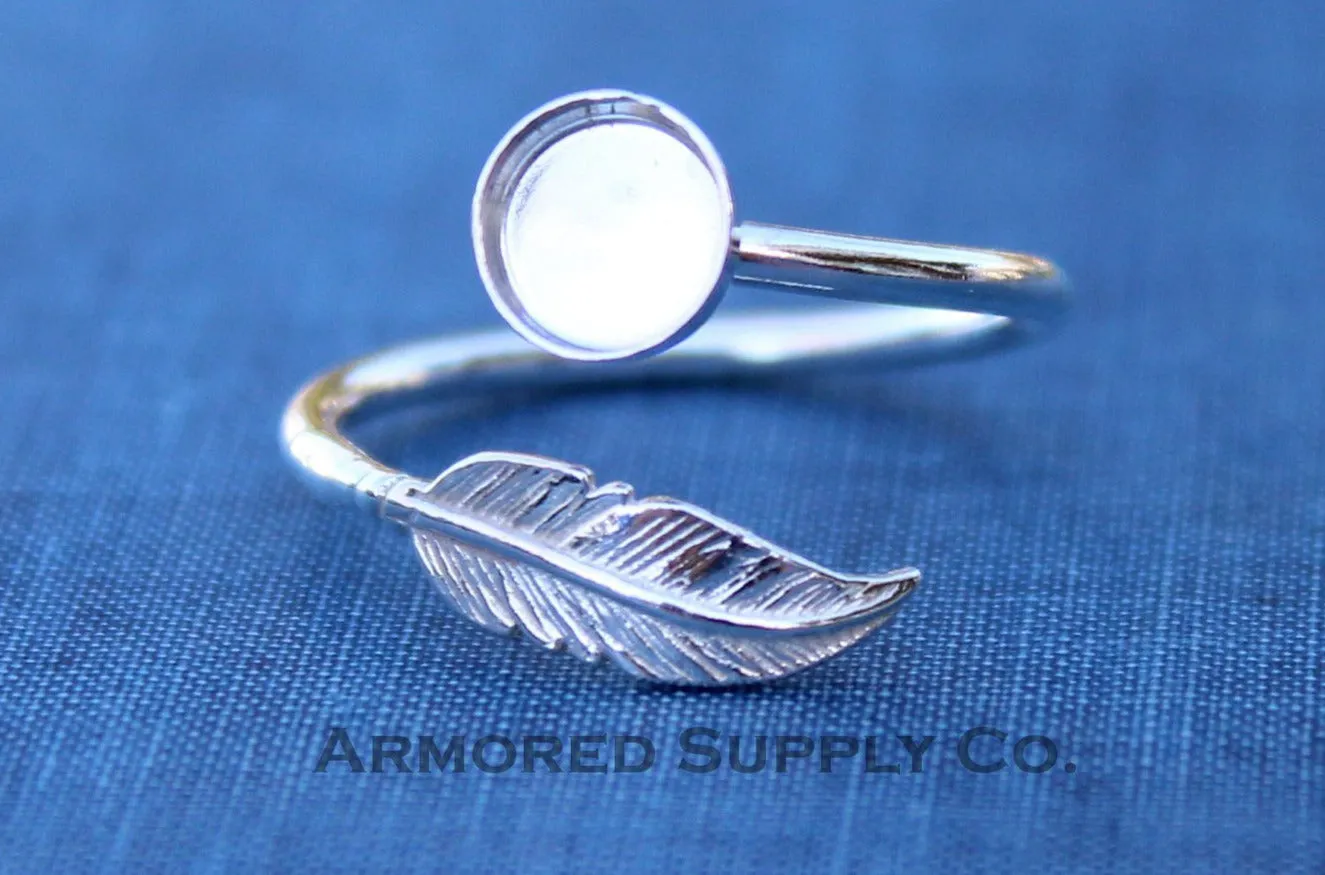 5mm Silver Feather Bypass Wrap Adjustable Bezel Ring blank