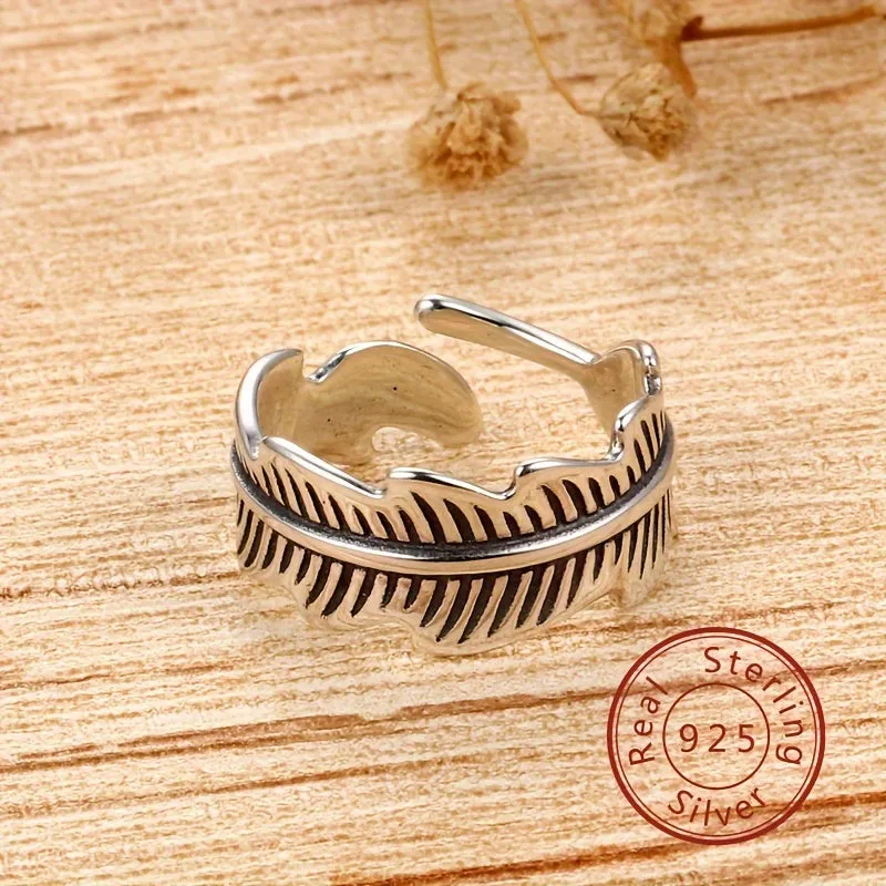 925 Silver Feather Adjustable Ring for Women