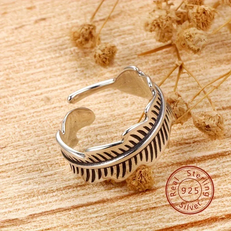 925 Silver Feather Adjustable Ring for Women